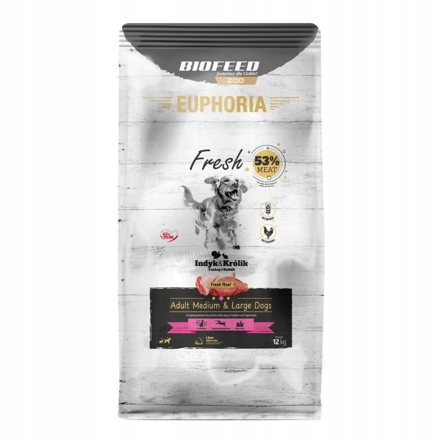 Euphoria Fresh Karma sucha dla psów doroslych Indyk Królik Rozmiar M/L 12KG