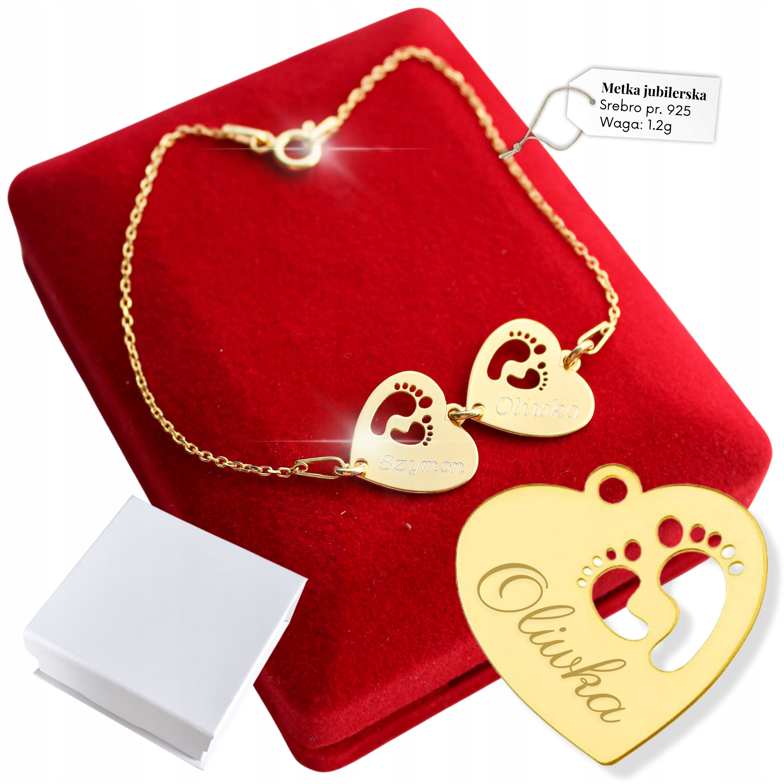 Zlatý náramek 925 Gravírování Srdce Chodidla Maminka Dvě srdce jako Dárek