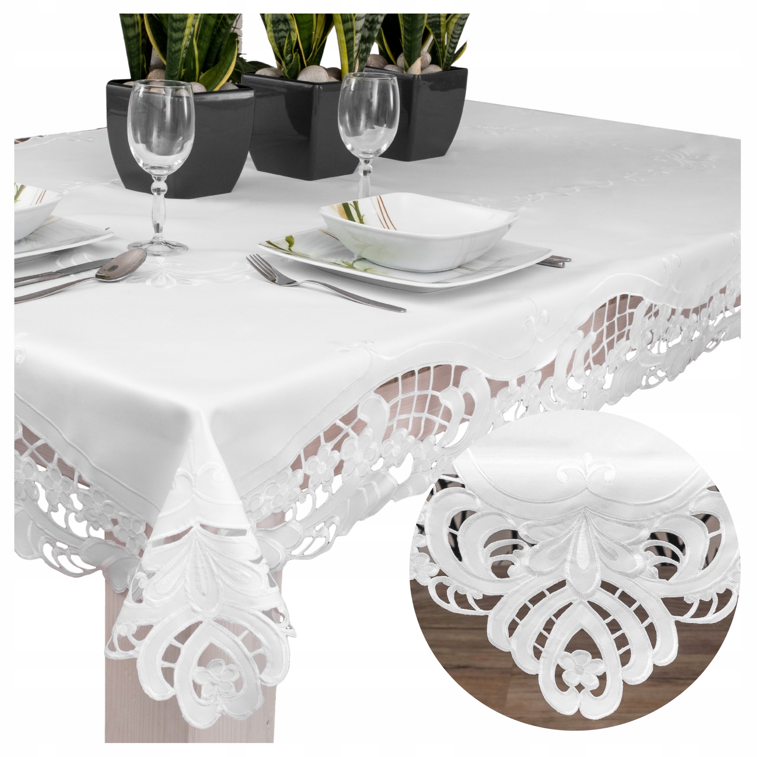 Obrus haftowany Biały Gładki Plamoodporny 150x260 haft richelie