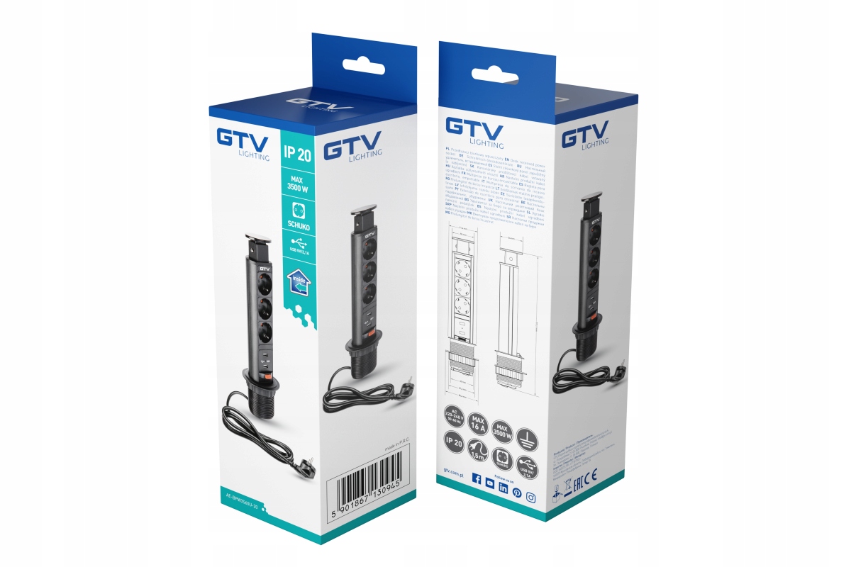 Prodlužovací kabel, zapuštěná zásuvka 60 mm, 3x230 V 2x Usb-a, černý