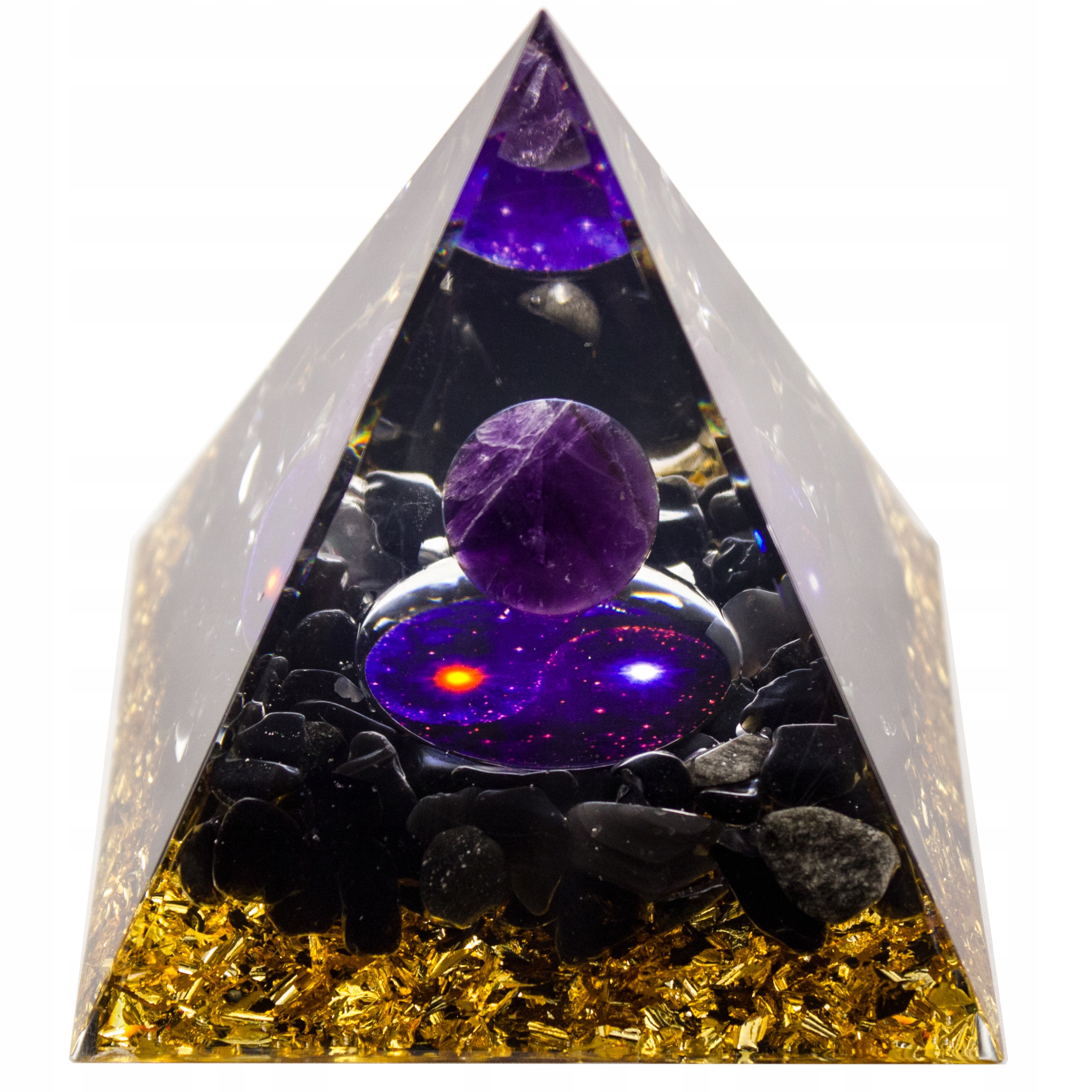 Duża Piramidka Orgonitowa Kwarc Obsydian Ametyst Uziemienie Yin Yang 8 cm