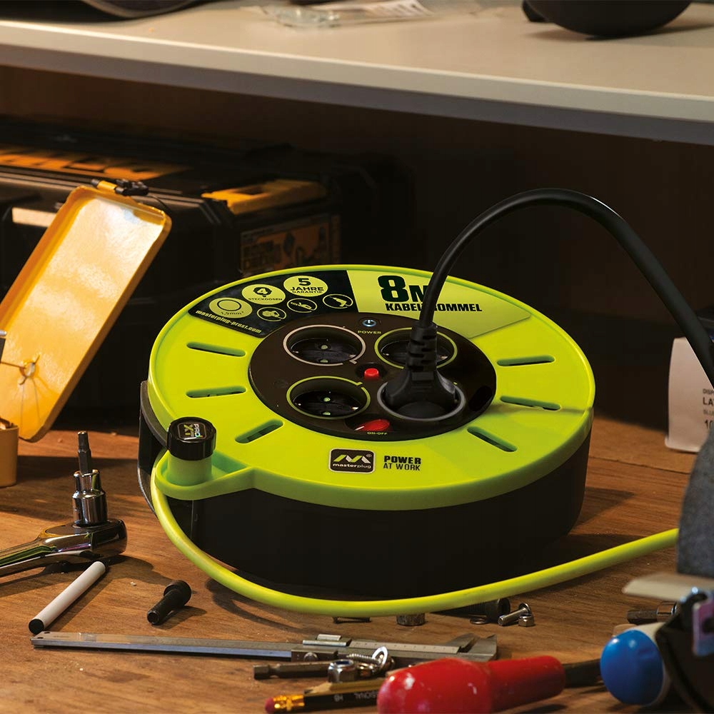 MASTERPLUG PRO-XT Przedłużacz Bębnowy 4 Gniazda 8m Kabel Zabezpieczenie — miniatura 7