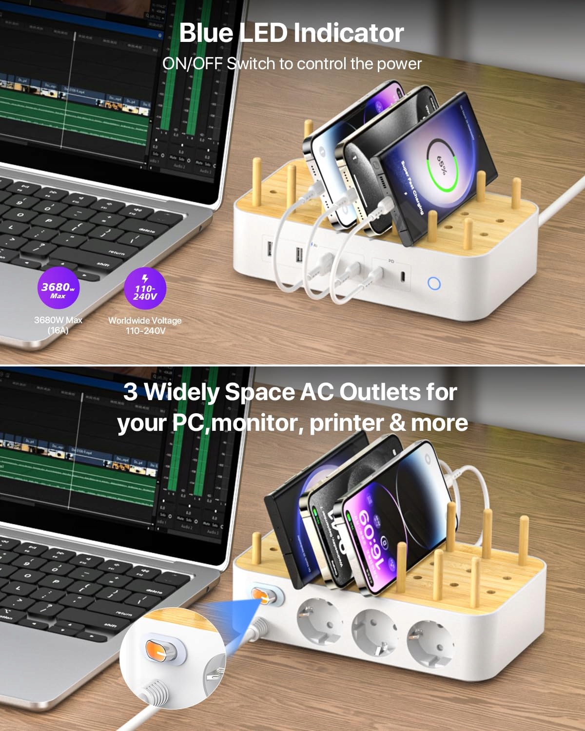 VISIONSYNC Stacja Ładowania USB C 60W 6 Portów Z Bambusa Biała — miniatura 5