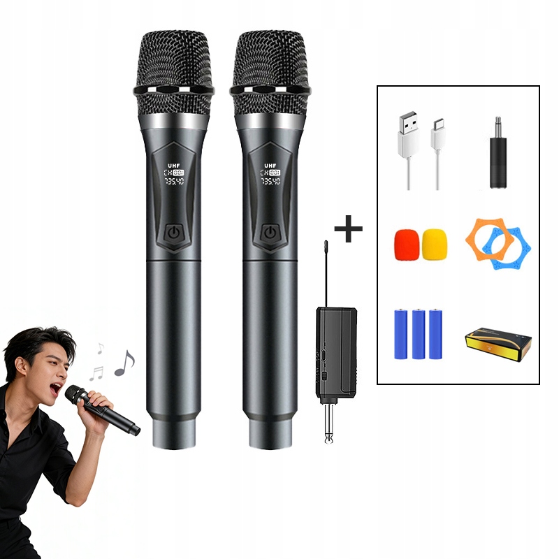 Podwójne szare bezprzewodowe mikrofony dynamiczne, ładowalne, 2-pak