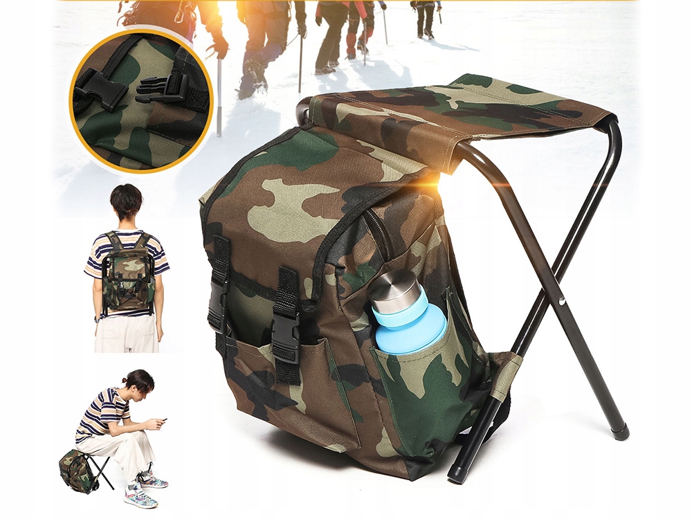 KRZESŁO WĘDKARSKIE TURYSTYCZNE KEMPINGOWE TABORET PLECAK SKŁADANE TORBA 3w1 Kolor dominujący odcienie brązu i beżu