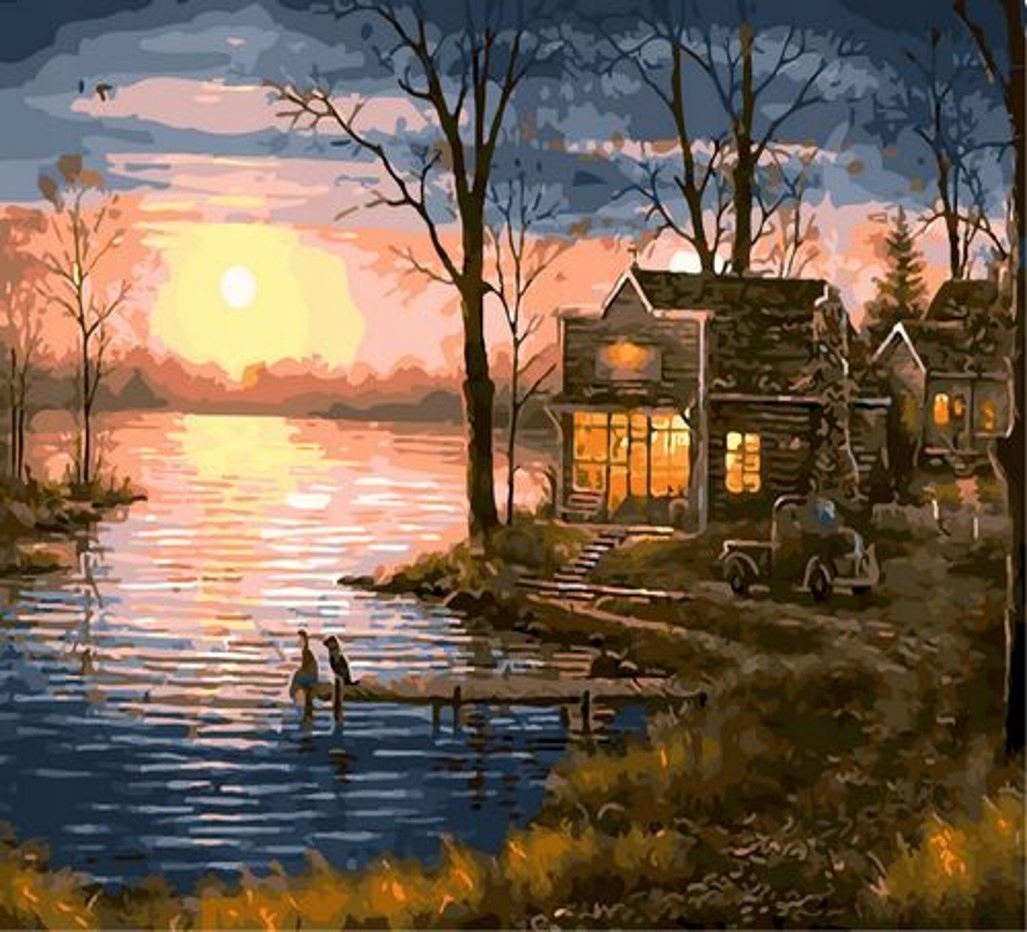 Malování podle čísel 40x50cm Chata u jezera západ slunce 1008865