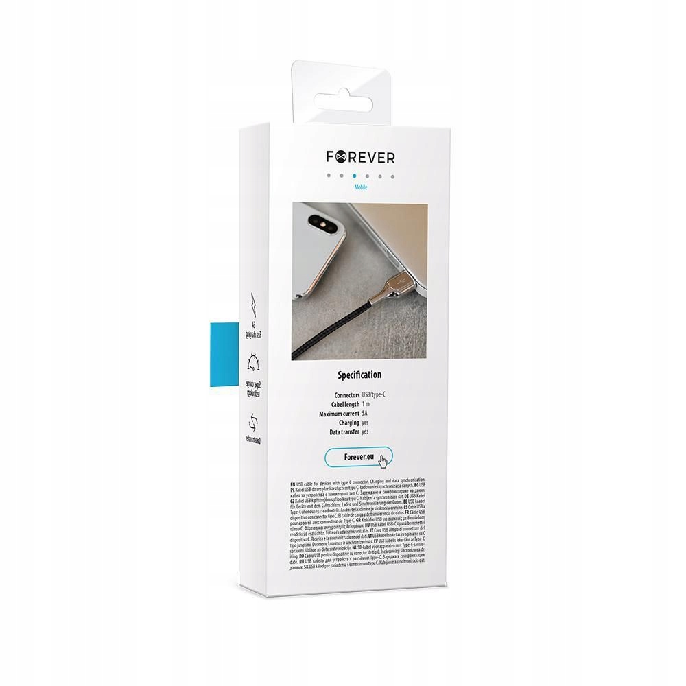 KABEL FOREVER USB - USB-C CORE 1M 5 A Kolor czarny