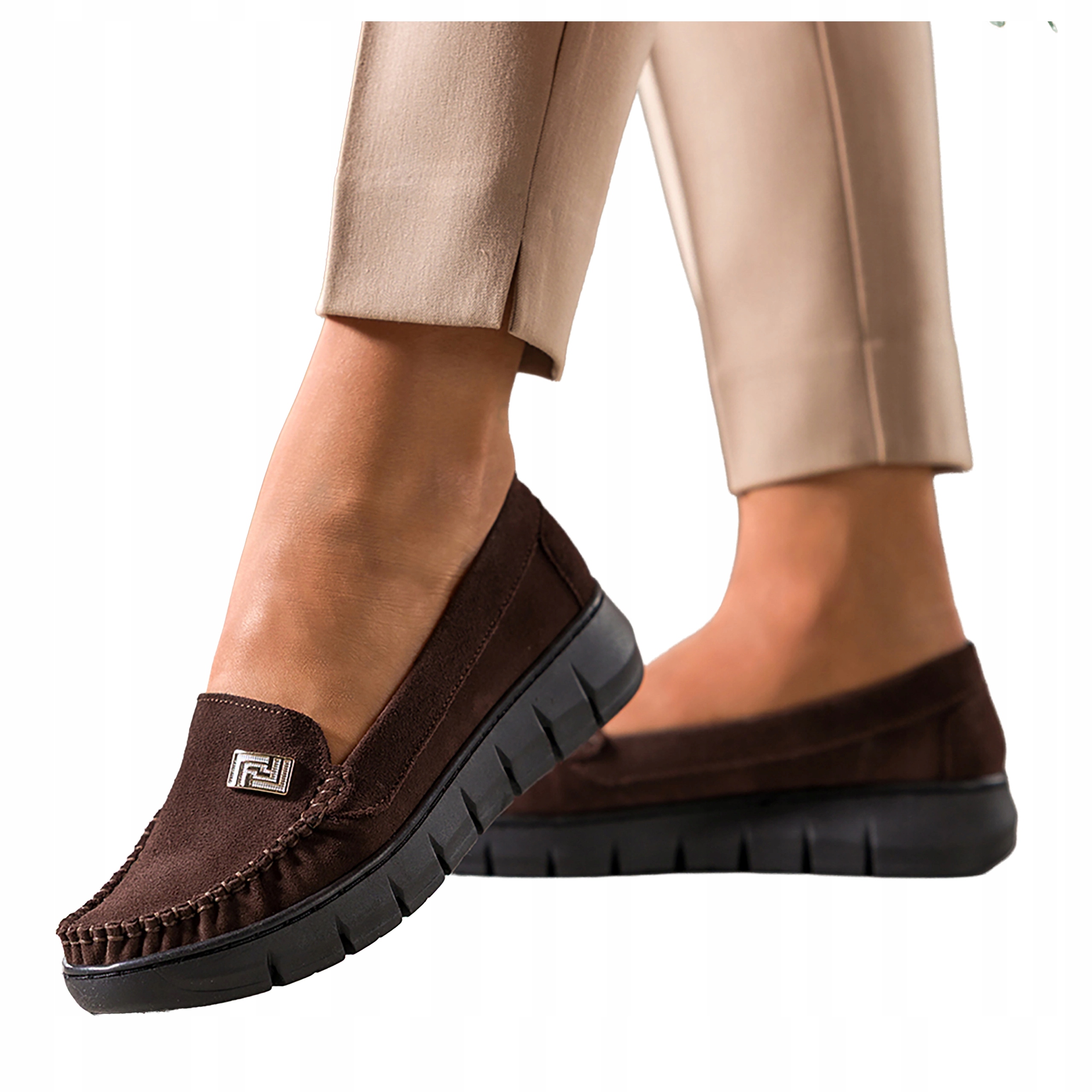 Dámské čokoládové Kožené Mokasíny Elastická Semišová platforma vel. 39