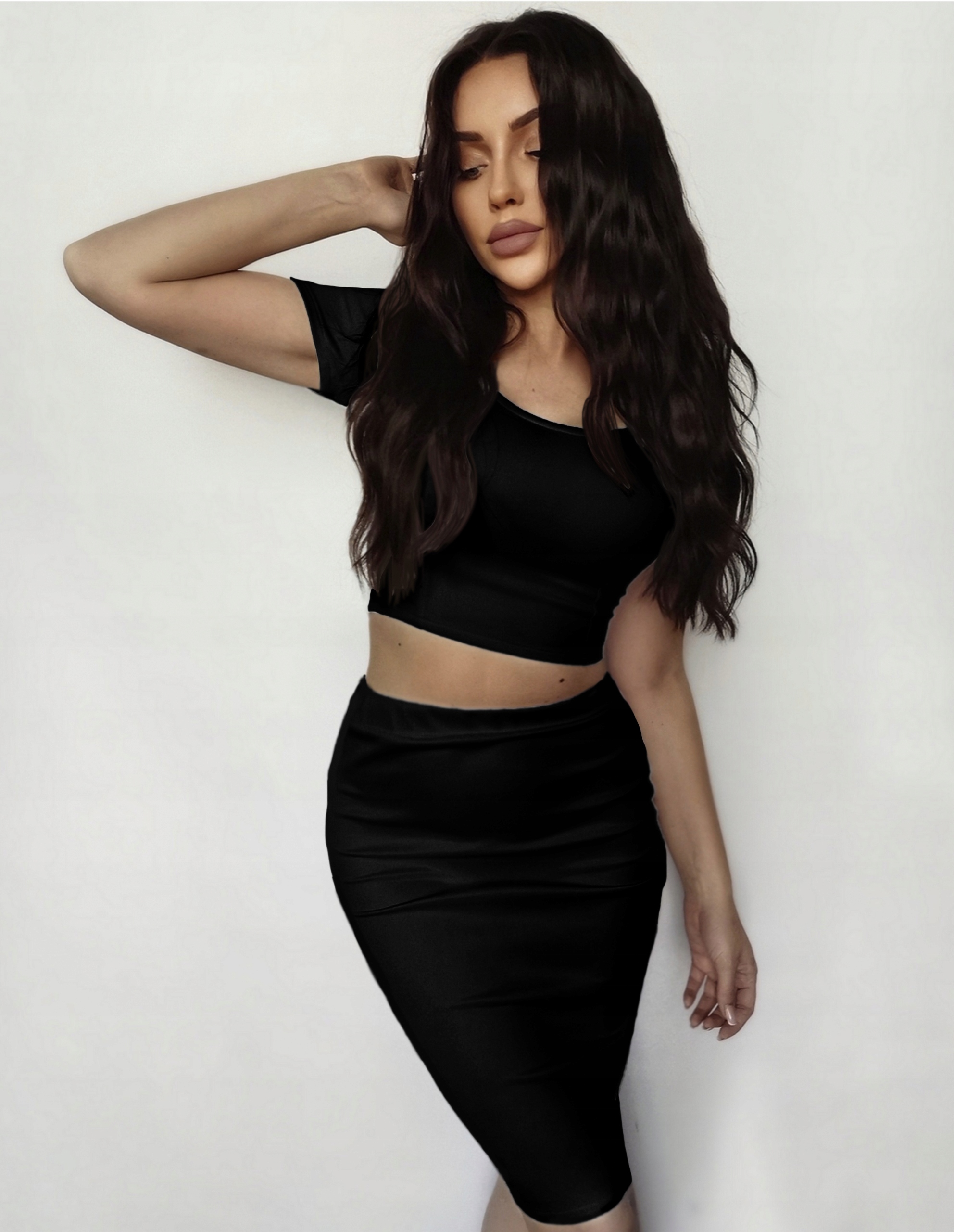 KOMPLET CZARNY TOP + SPÓDNICZKA MIDI ołówkowa S/M Wzór dominujący bez wzoru