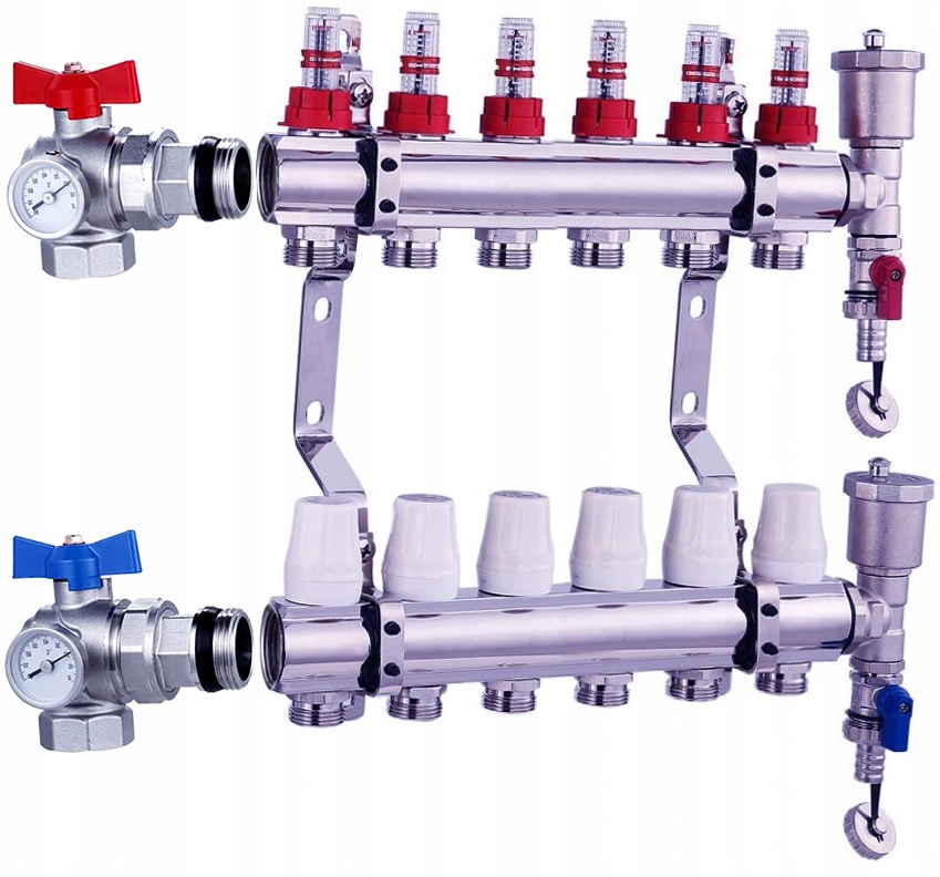 Rozdělovač 6 podlahovek Nordic Tec úhlový ventil a teploměr