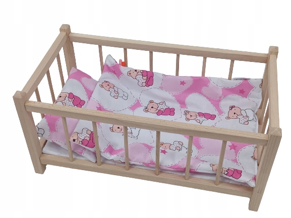 DREWNIANE ŁÓŻECZKO DLA LALEK LALKI + POŚCIEL 3 EL