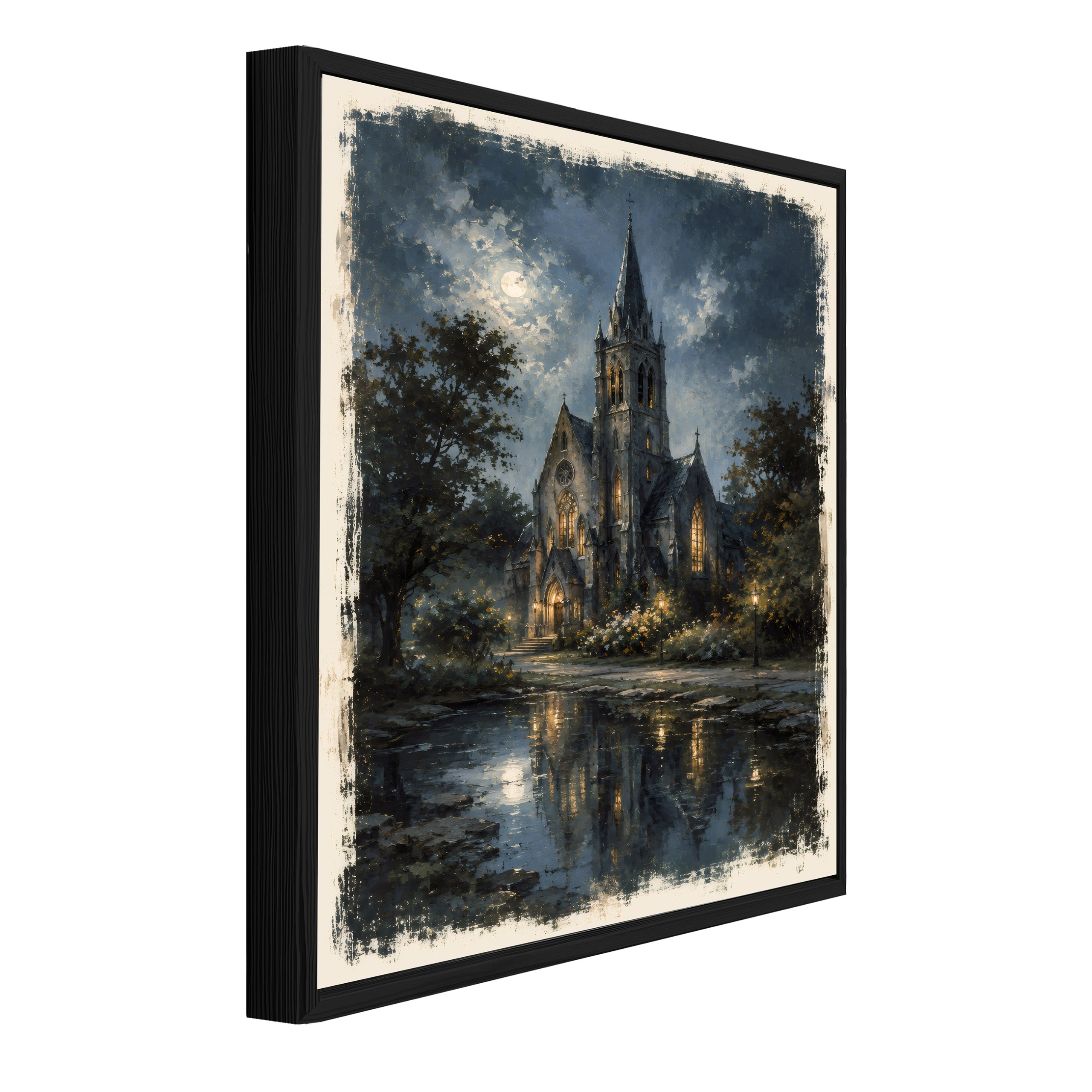 Obraz V Černém Rámu Na Plátně Vintage Katedrála Noc Obývací Pokoj Ložnice 120x80