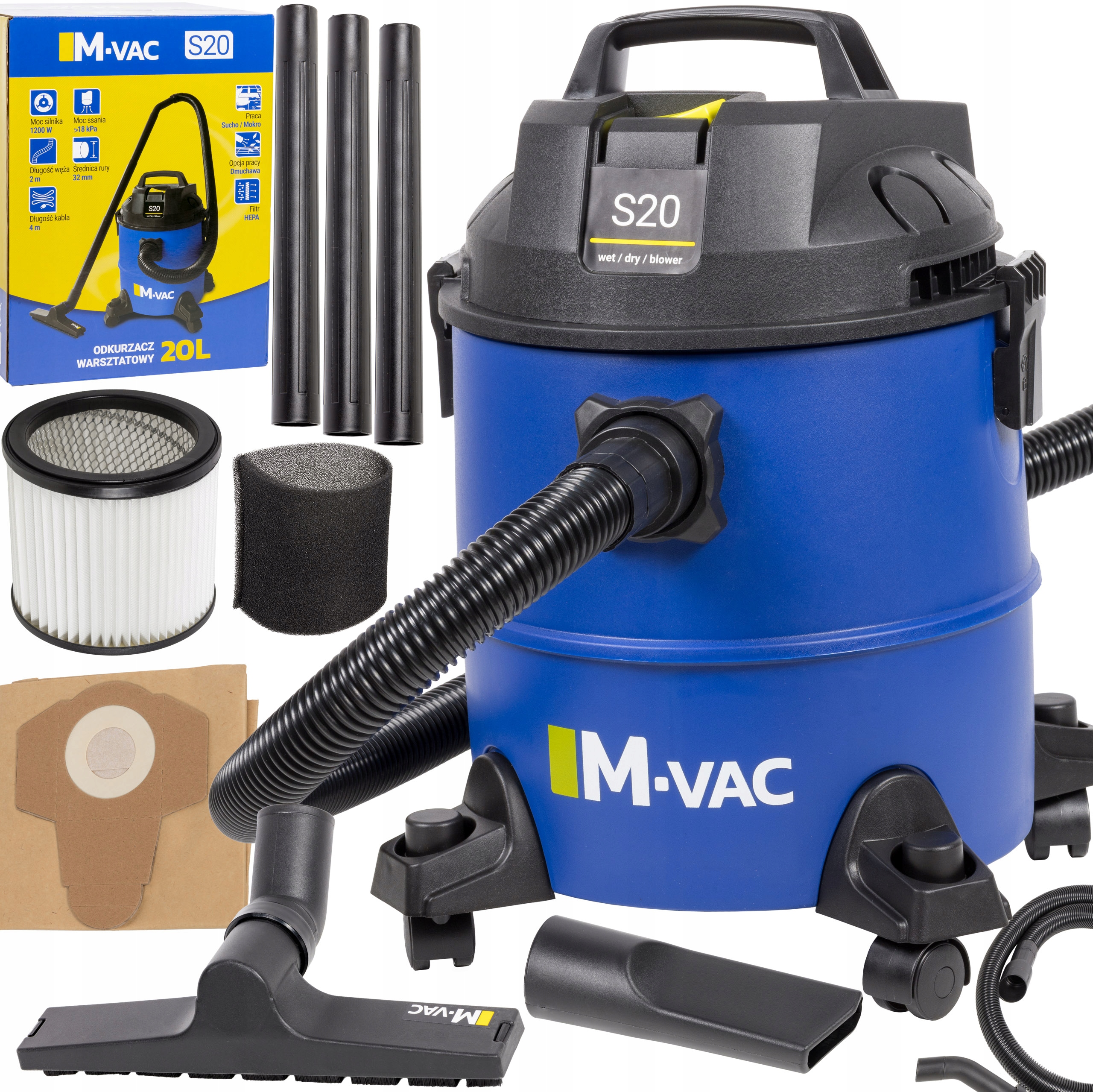 Odkurzacz Przemysłowy Warsztatowy 3W1 Sucho Mokro Hepa 20L Zasięg 7M M-vac