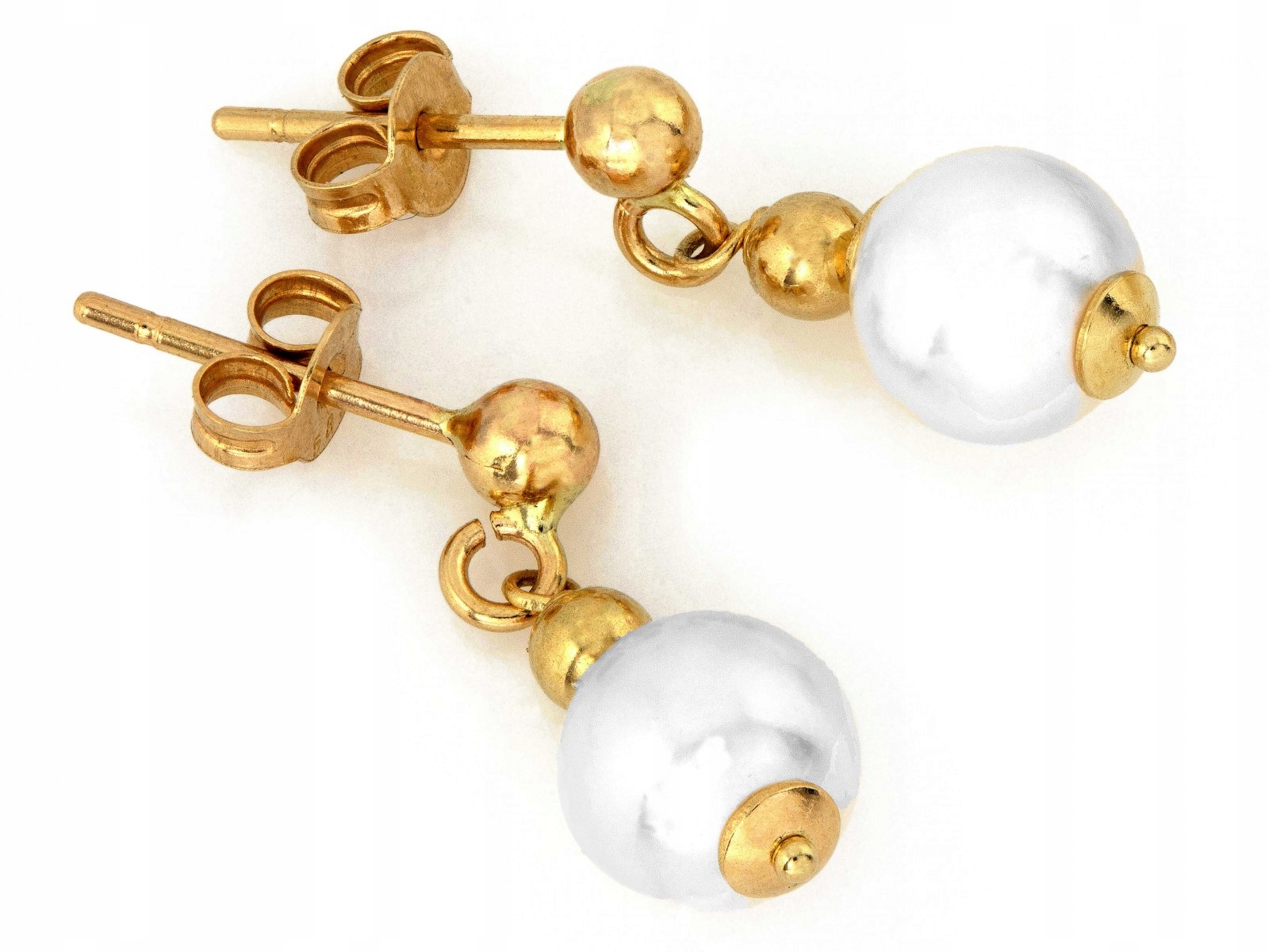 Náušnice zlaté 585 14kt visící na tyči s bílou perlou pro každodenní použití, 1.65 g