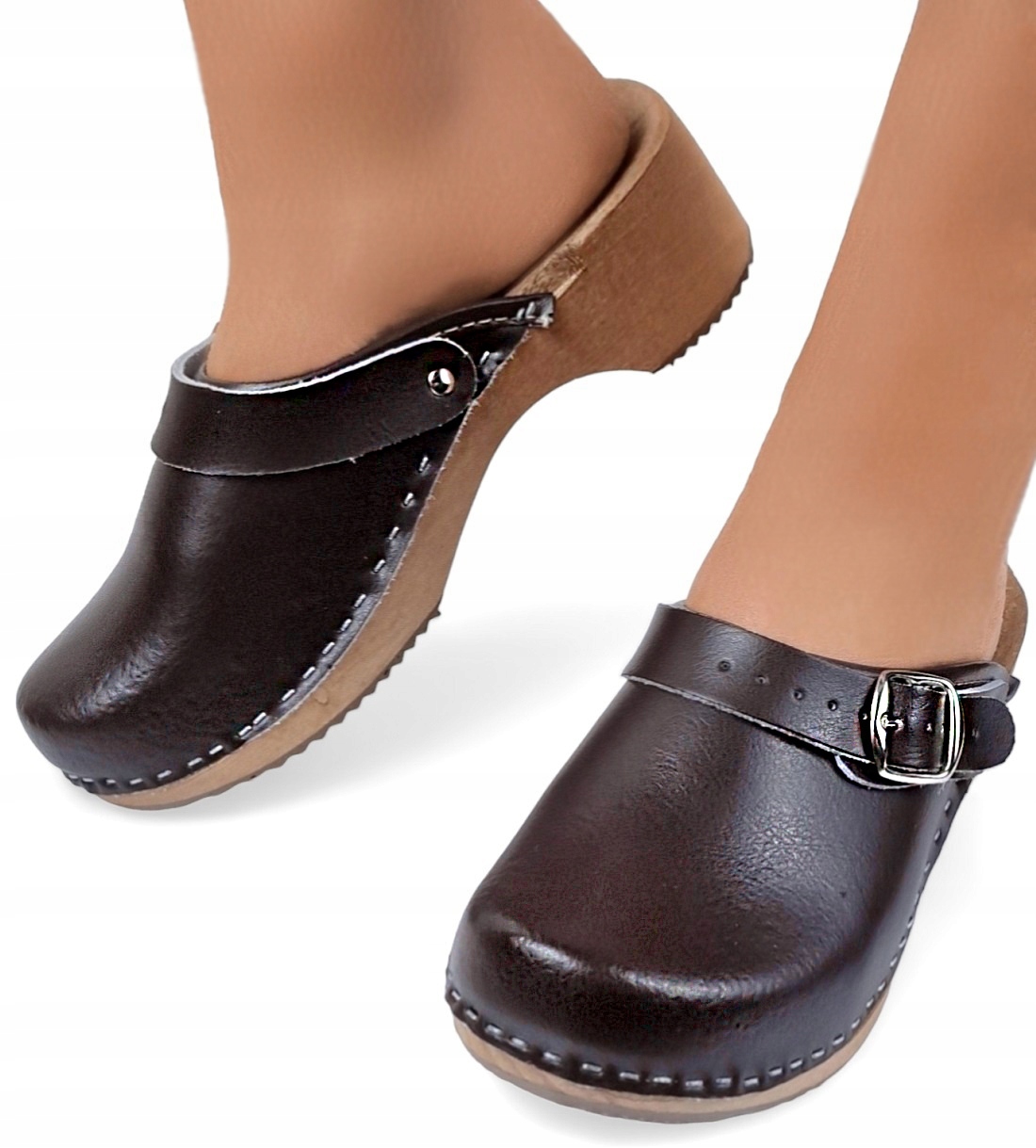 Klasyczne Pełne Chodaki Damskie Medyczne Skórzane Drewniaki BRĄZOWE *41*