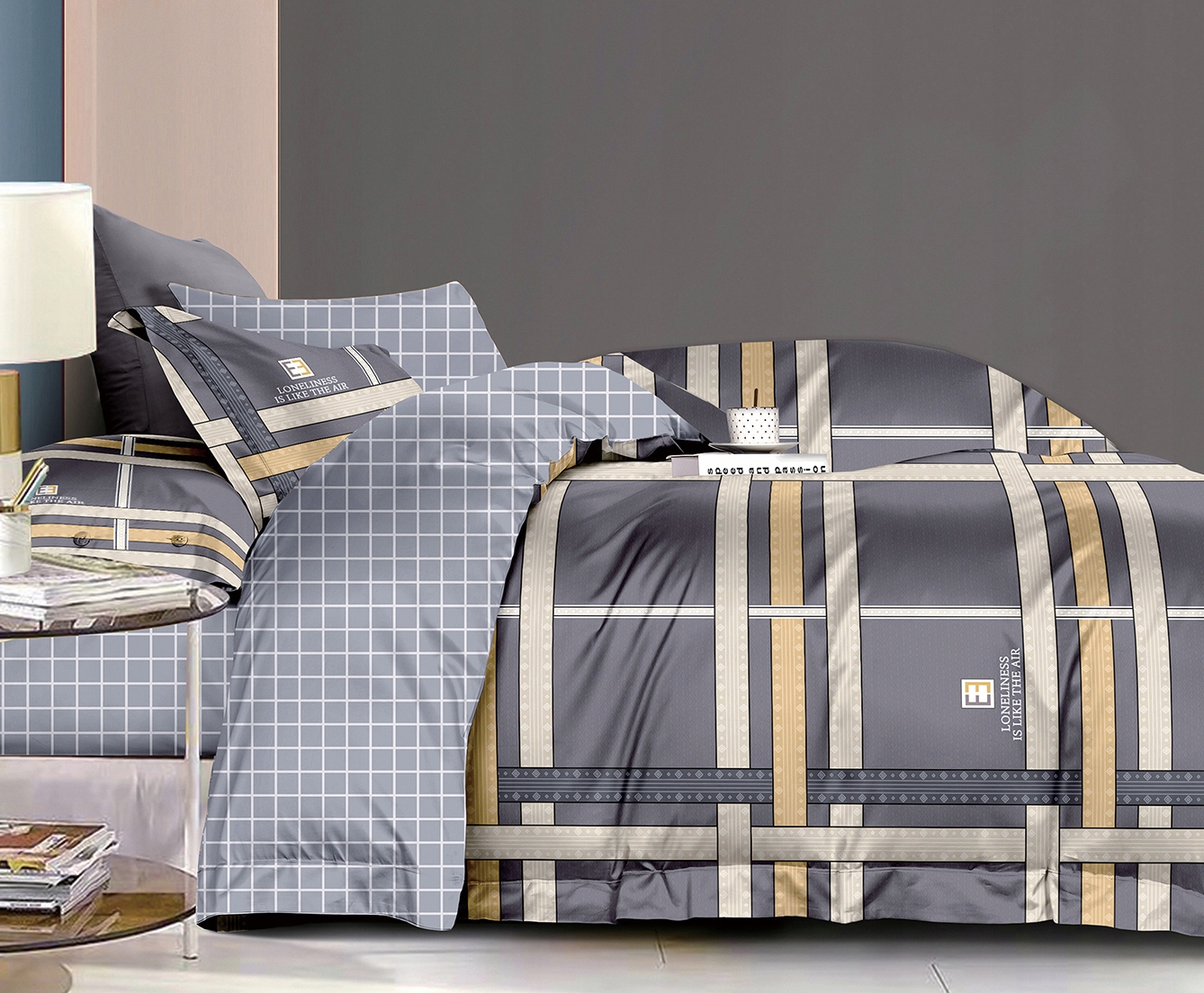 3dílná sada povlečení na peřinu z bavlny s geometrickými pruhy a tmavě šedou mřížkou 160×200 cm
