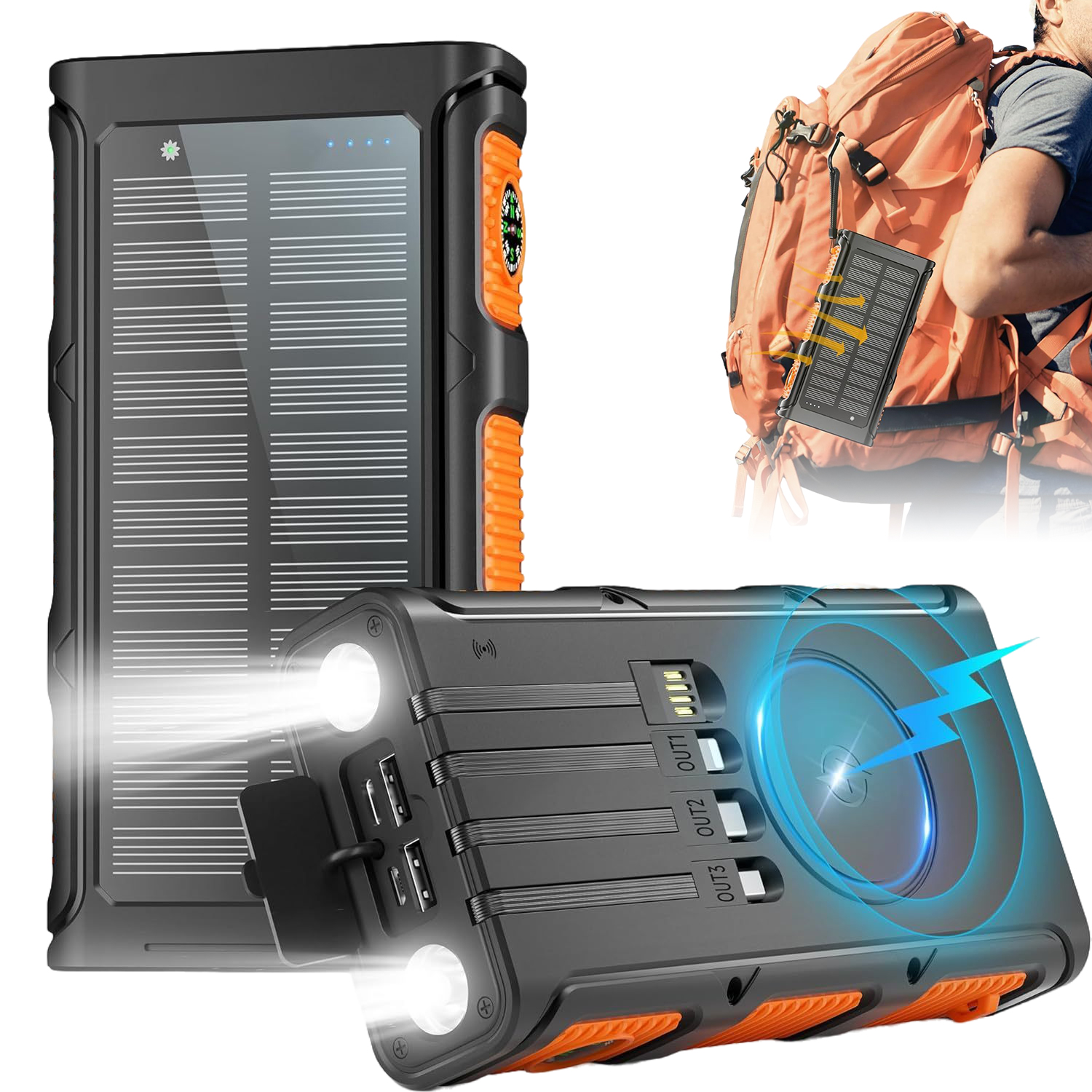 Solární Powerbanka 20000MAH S 2LED S Kompasem A Kabelem Pro Outdoor 5V 3A