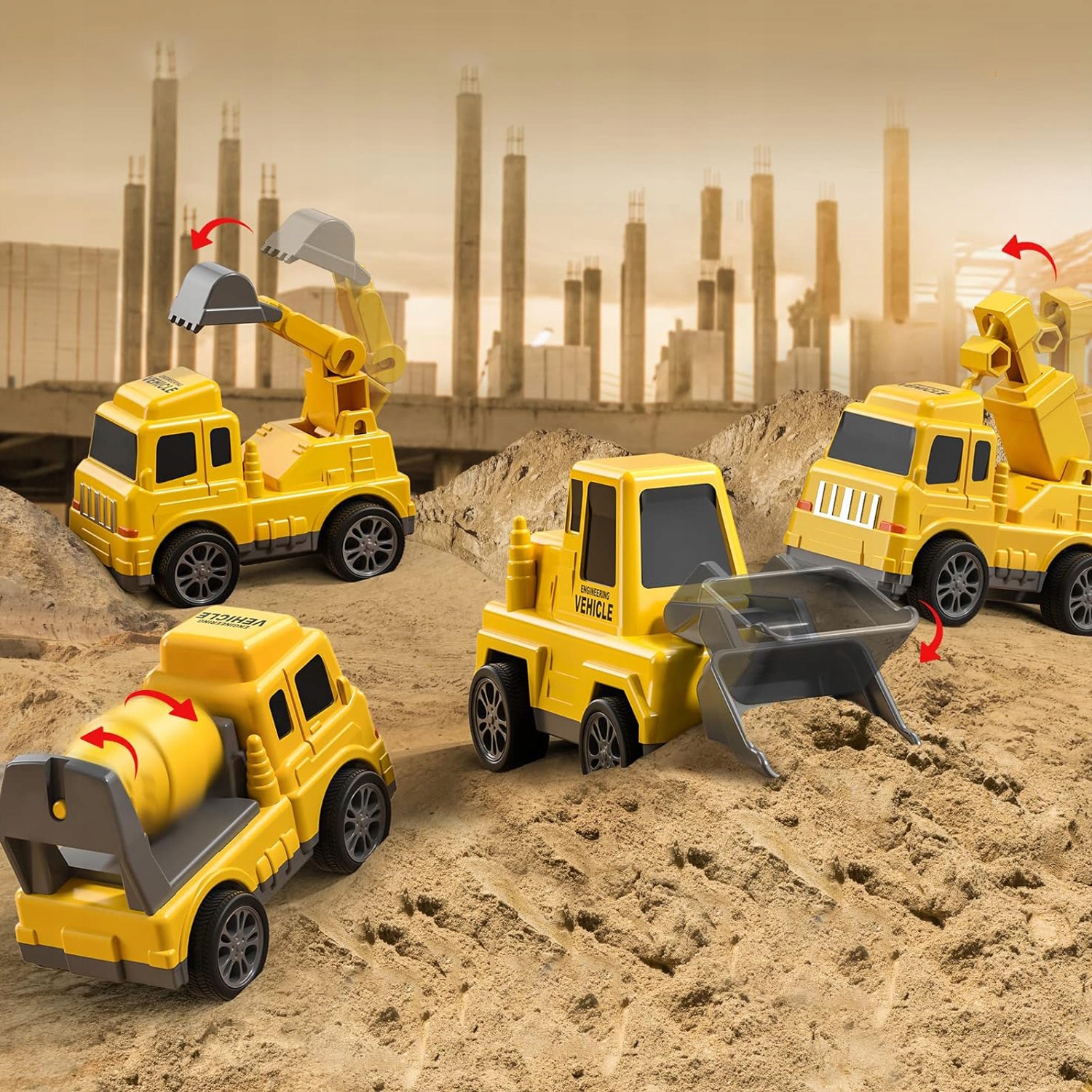 CIĘŻARÓWKA LAWETA POMOC DROGOWA AUTA ZESTAW 6 AUT KOPARKA BETONIARKA 7W1 Płeć unisex