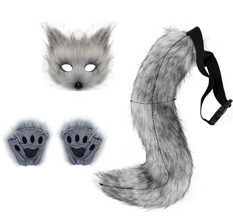 ZESTAW COSPLAY FURRY MASKA + OGON + ŁAPKI MITENKI WILK LIS FUTRZAK