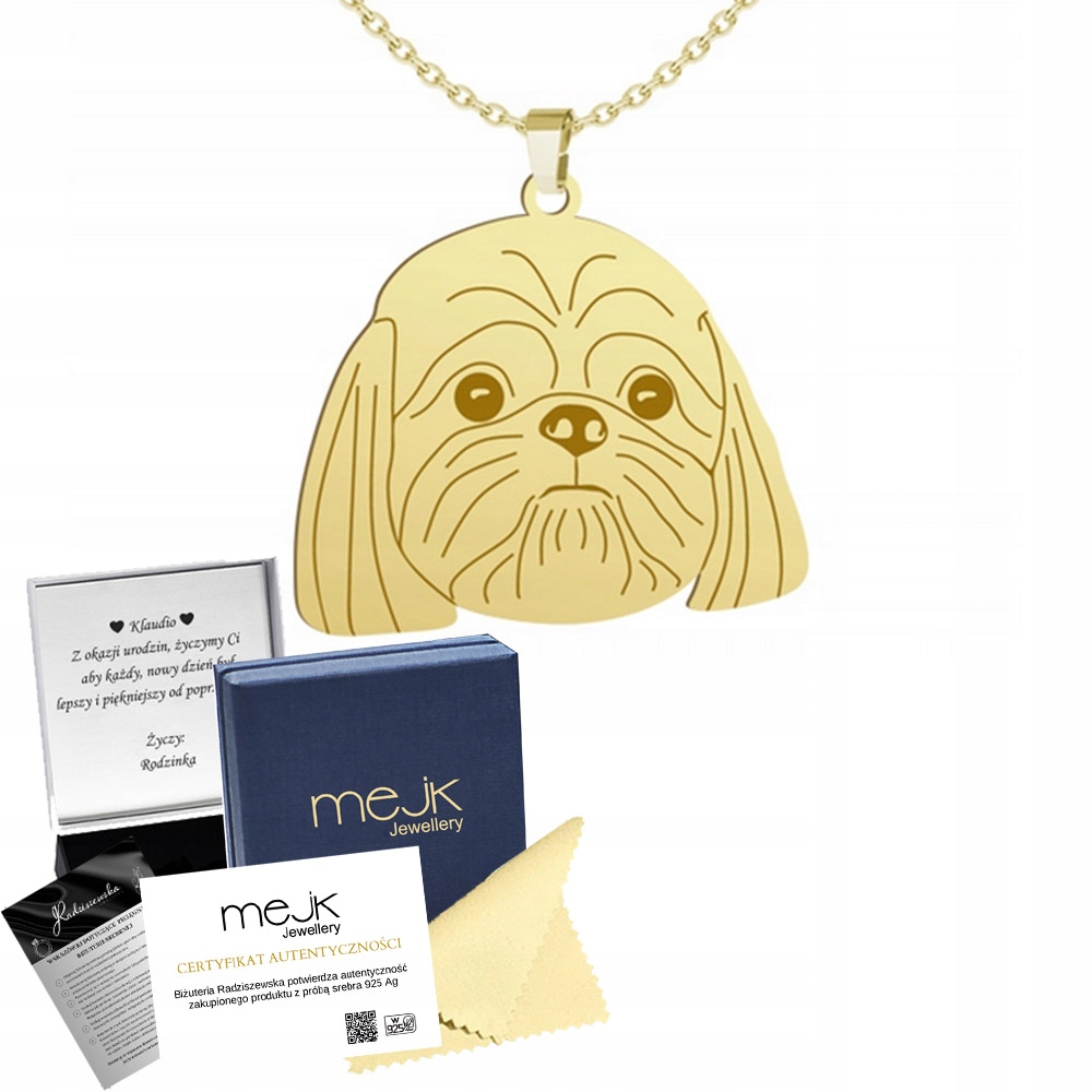 Zlatý náhrdelník s psem Shih tzu Stříbro 925 Dárek Žena Gravírování Bonus