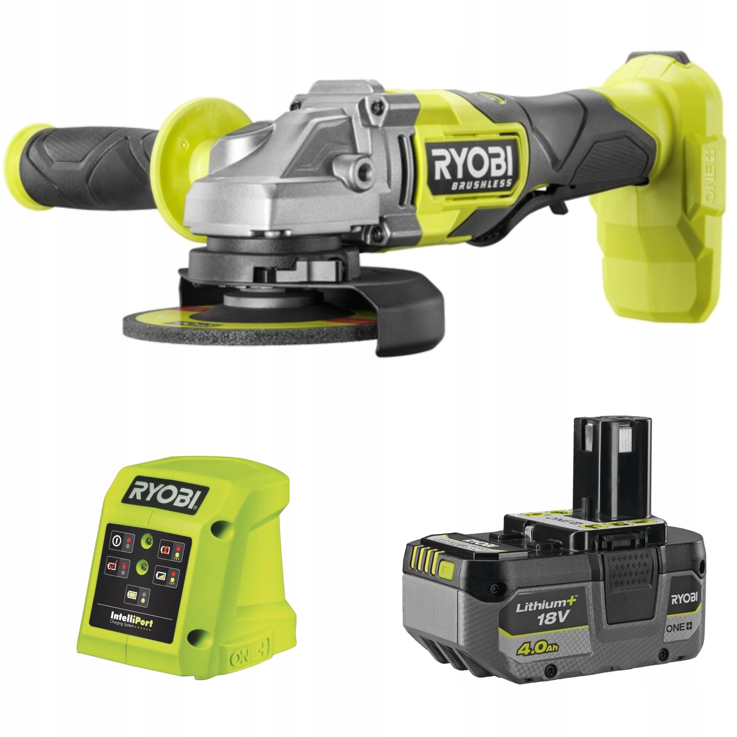 Ryobi Bezkartáčová uhlová brúska 125 mm+ Aku 4Ah+ Nabíjačka 1,5A