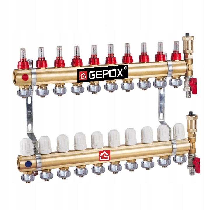 Rozdělovač pro podlahové vytápění s 10 okruhy Gepox, mosazný, pro podlahové vytápění