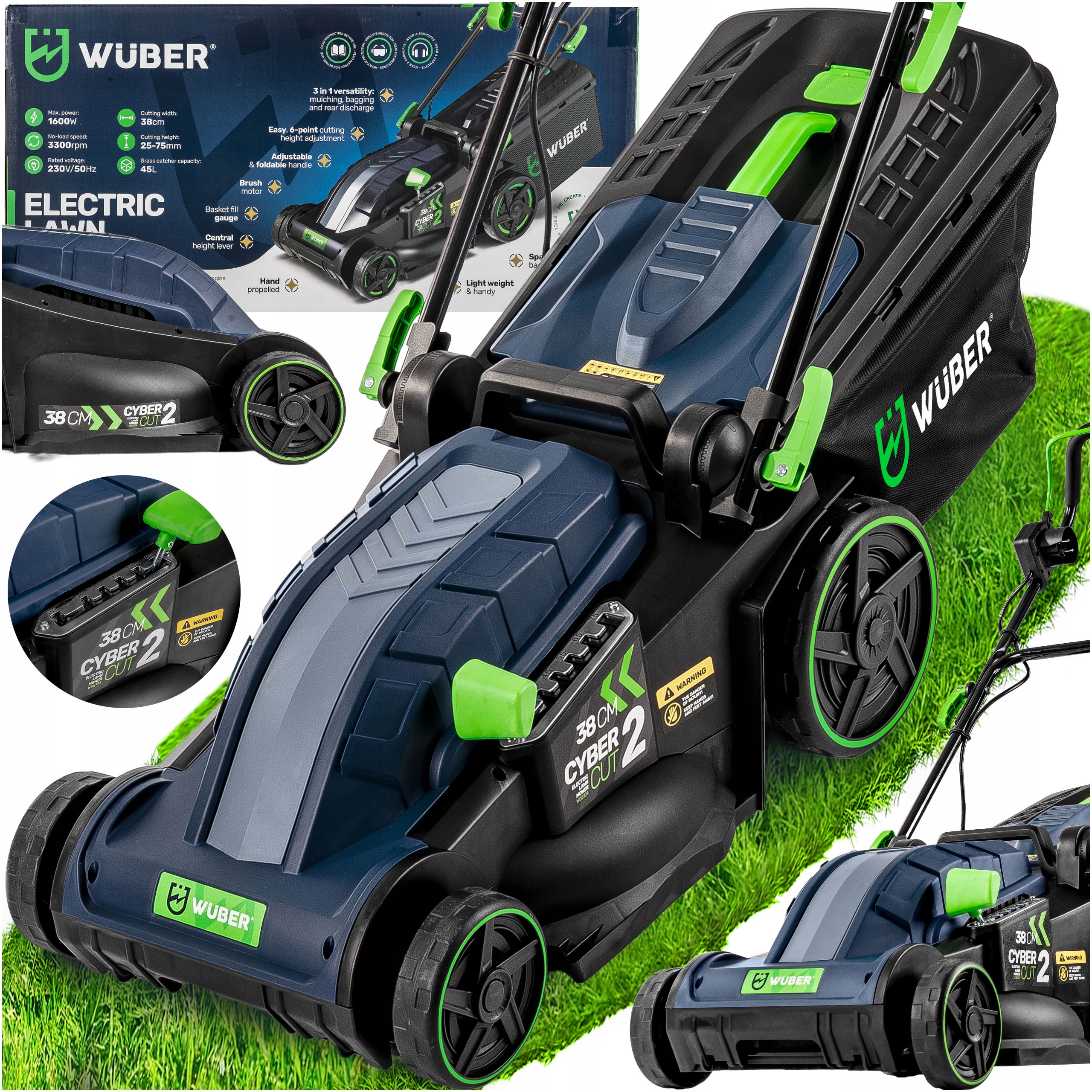 Kosiarka Elektryczna Lekka Mocna Do Trawy Z Regulacją Duży Kosz Wuber