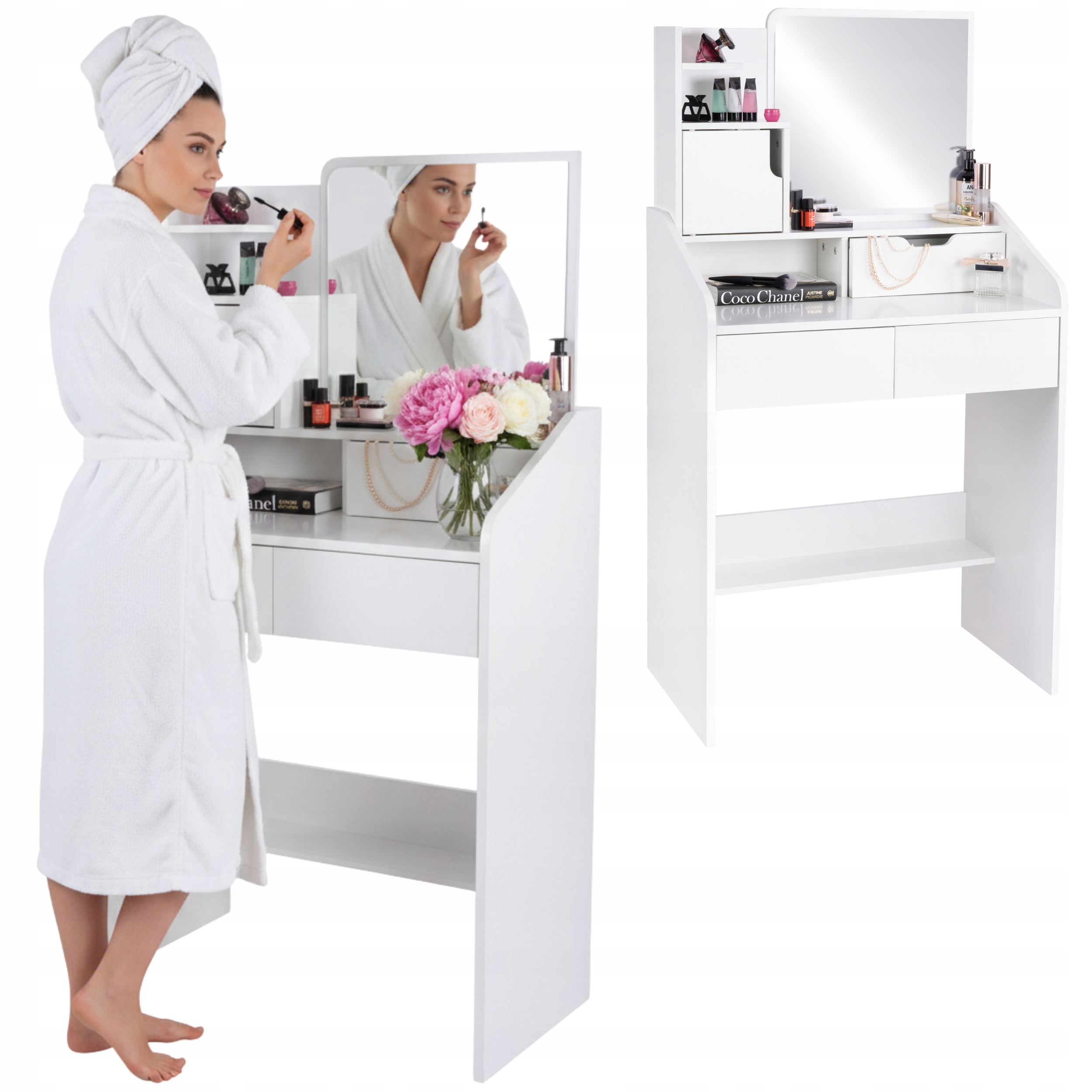 TOALETKA KOSMETYCZNA Z DUŻYM FUNFIT LUSTREM BIAŁA Z SZUFLADAMI