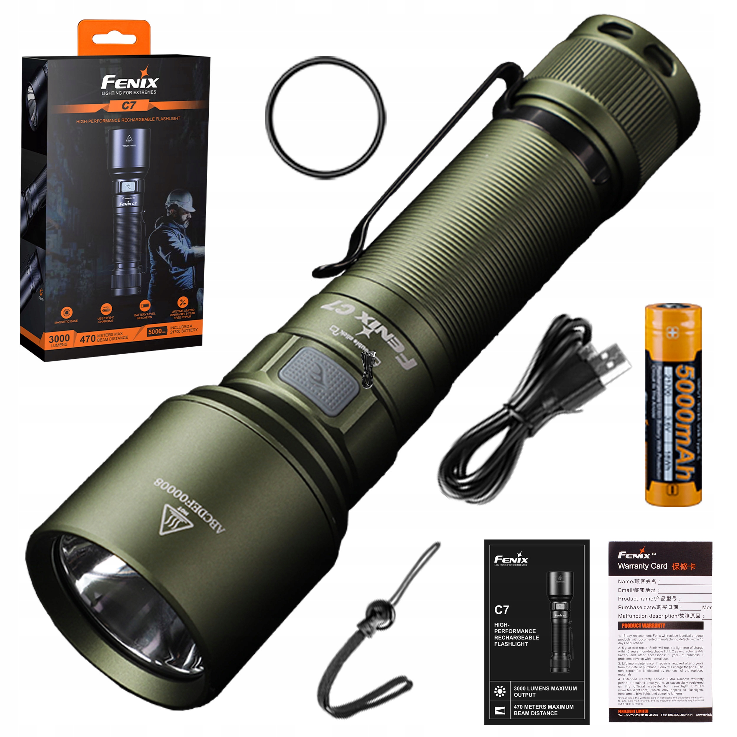 Latarka Led Fenix C7 3000 LM 470 M Akumulator Usb-c 7 Trybów Zielona