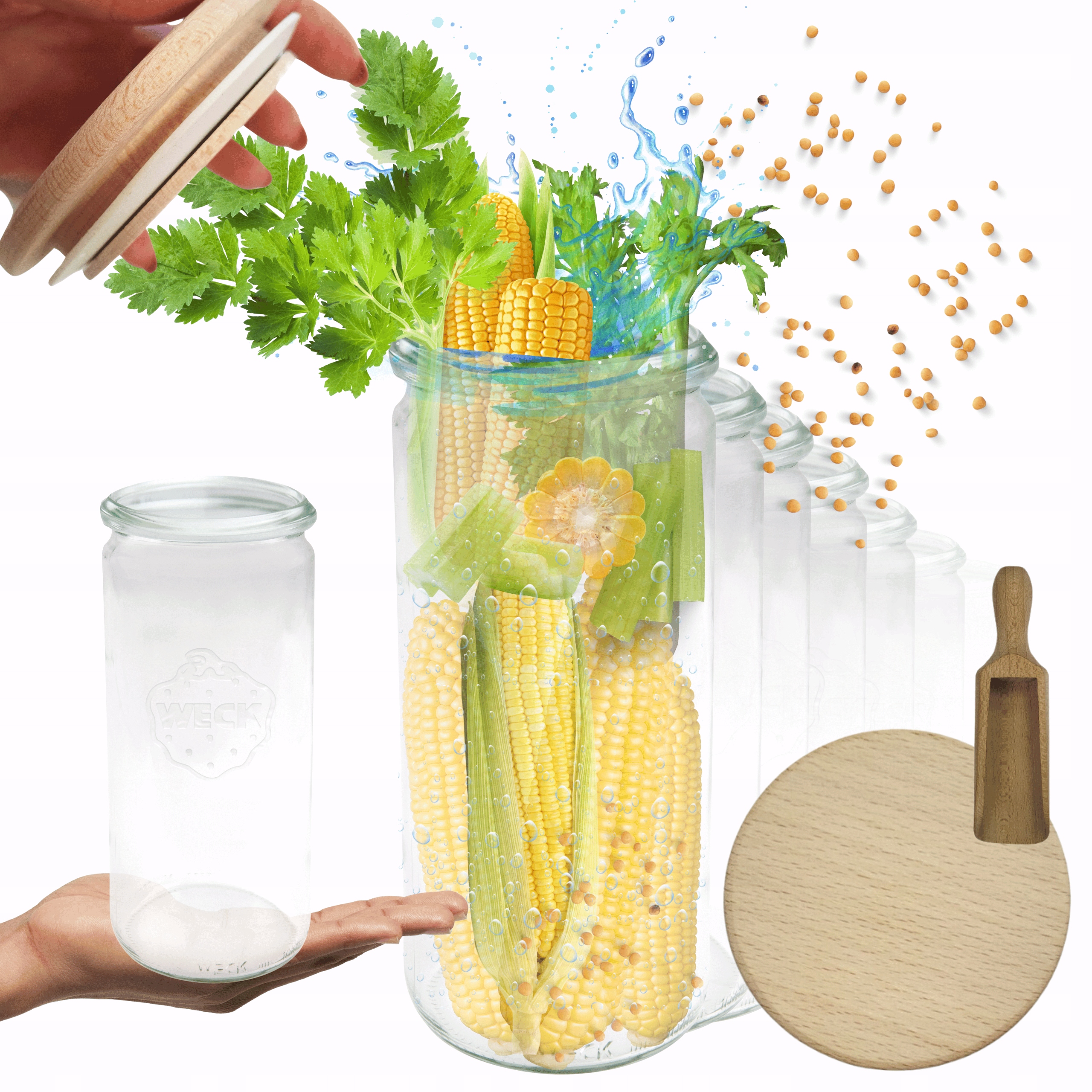 Poháre Weck 1 l 1040 ml Cylinder vzduchotesné drevené viečka 12ks odmerka