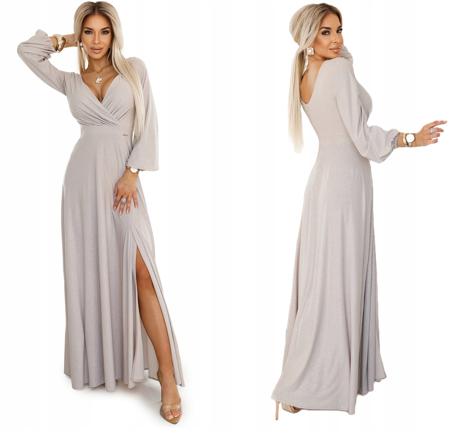 Lesklá Dlouhá Sukně S Hlubokým Výstřihem A Výstřihem Béžová XL