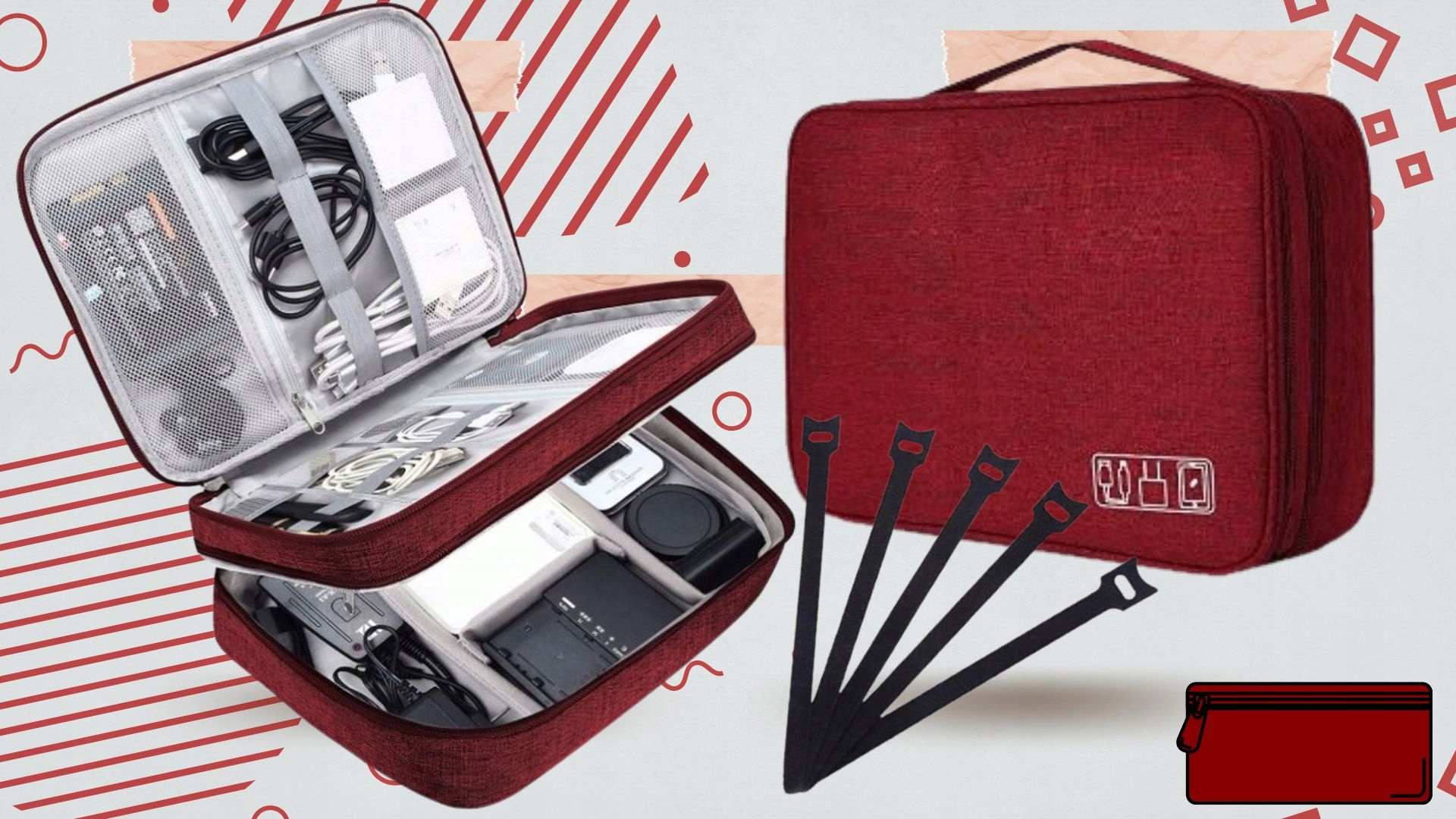 ORGANIZER PODRÓŻNY TORBA NA KABLE ŁADOWARKI 5 RZEPÓW POJEMNA ZAMEK PODRÓŻ Model PODWÓJNA TORBA NA AKCESORIA ELEKTRONICZNE KABLE