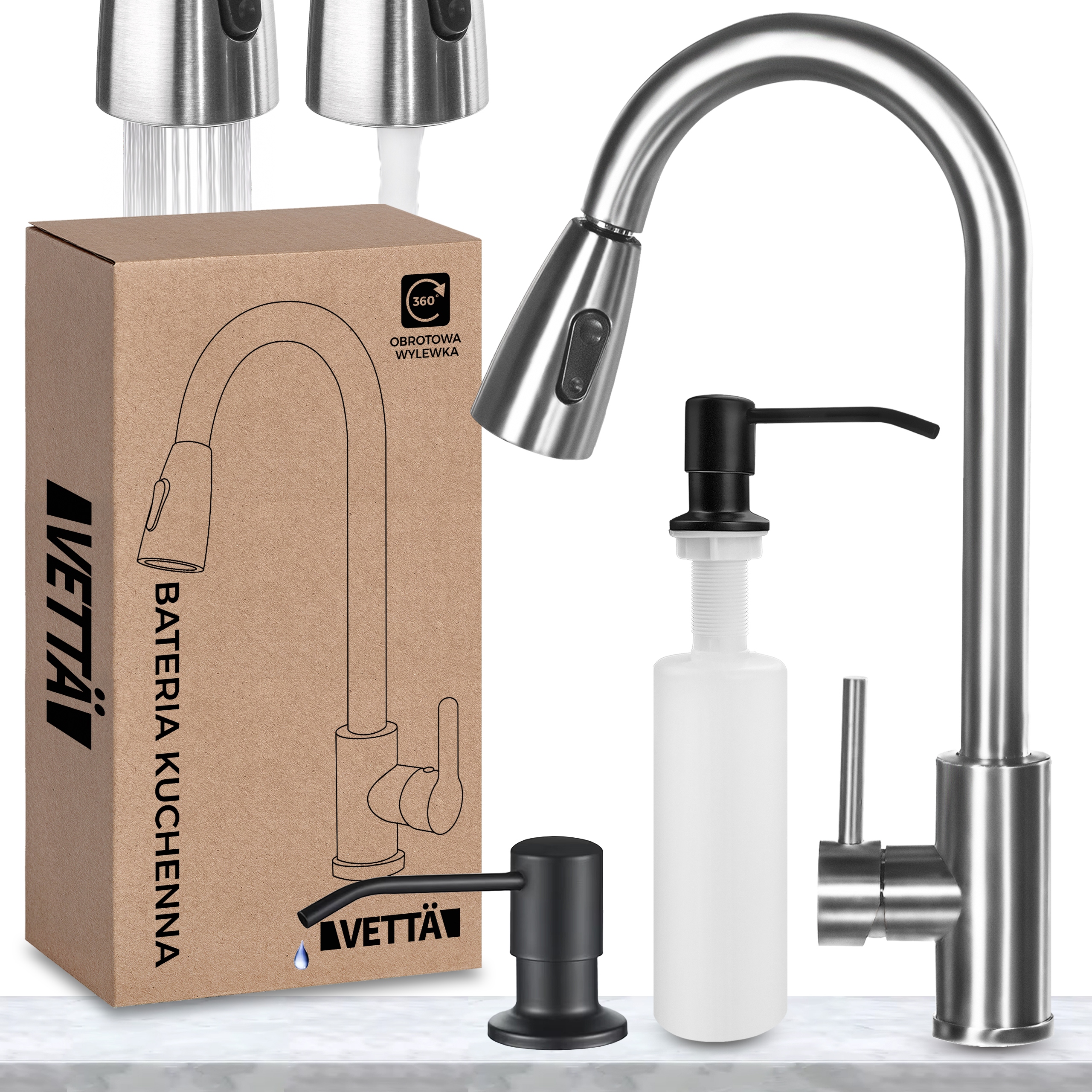 Bateria kuchenna elastyczna obrotowa wylewka wysoka kran chrom Dozownik