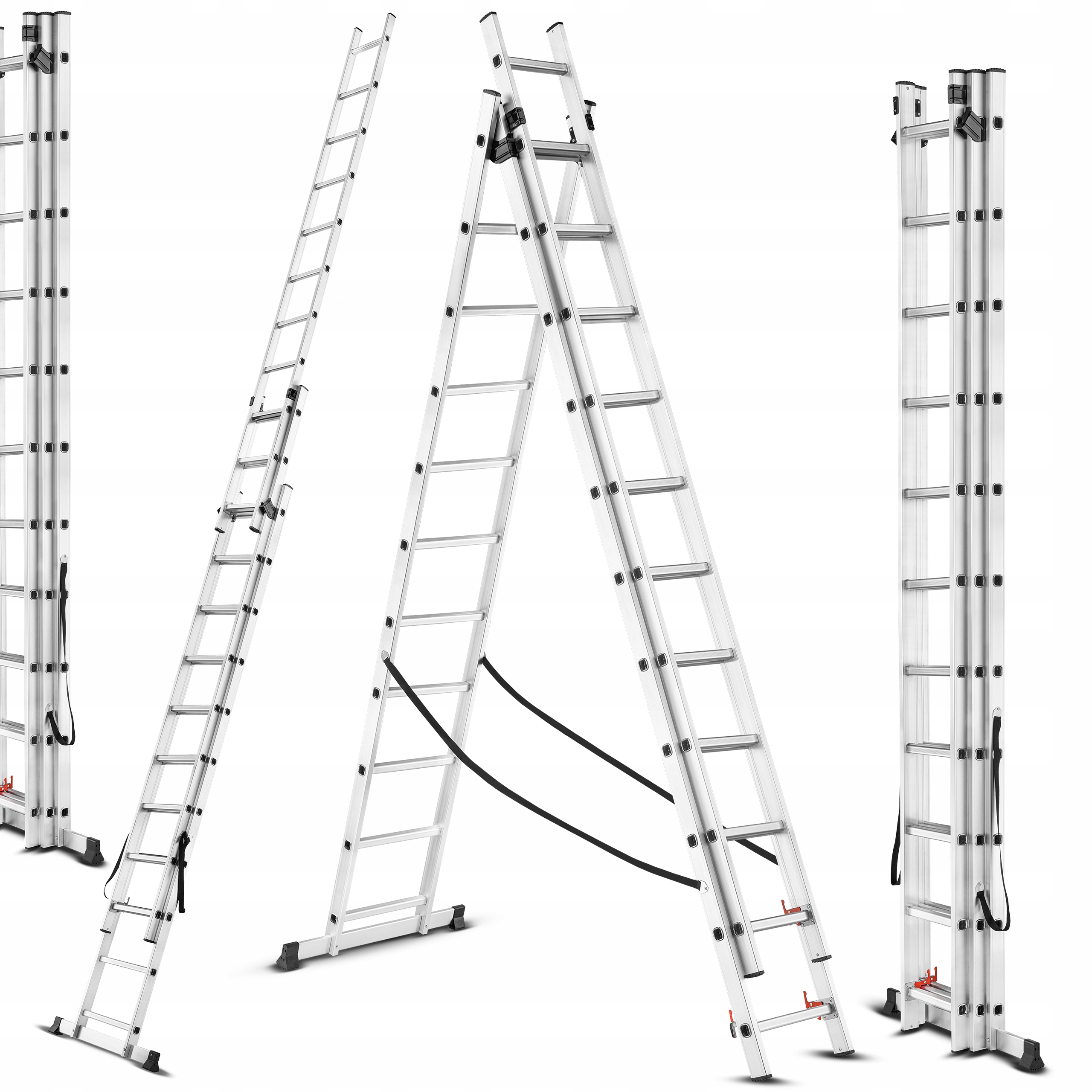 Hliníkový rebrík 3x11 stupňov, multifunkčný, univerzálny, 150 kg, 8,2 m, silný