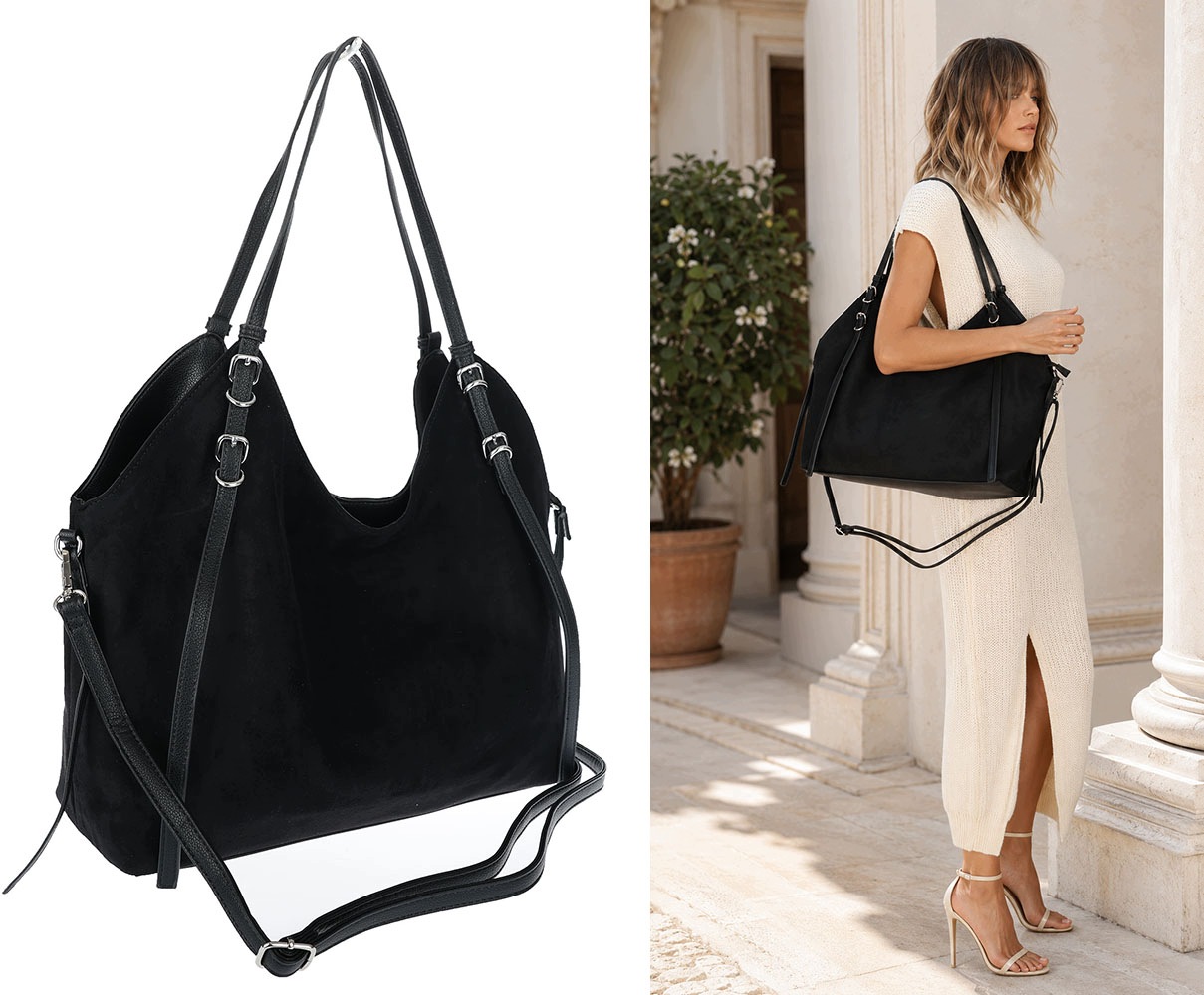 Dámská kabelka semišová shopper taška prostorná elegantní módní 638C Černá