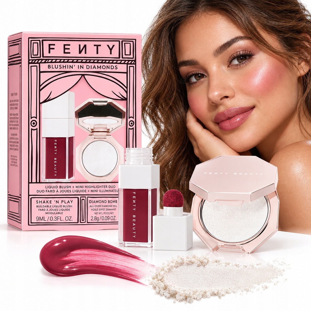 Fenty Beauty Sada kosmetických přípravků 2v1 Růže Rozjasňovač Diamond Bomb Dárek