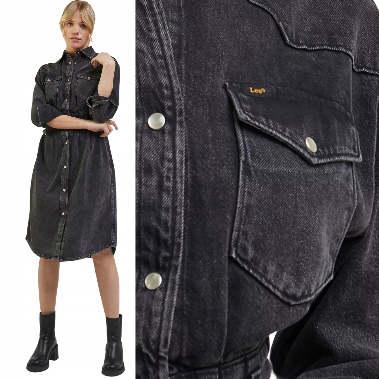 Lee Western Dress Into the Shadow šedá prošívaná džínová šaty Xs