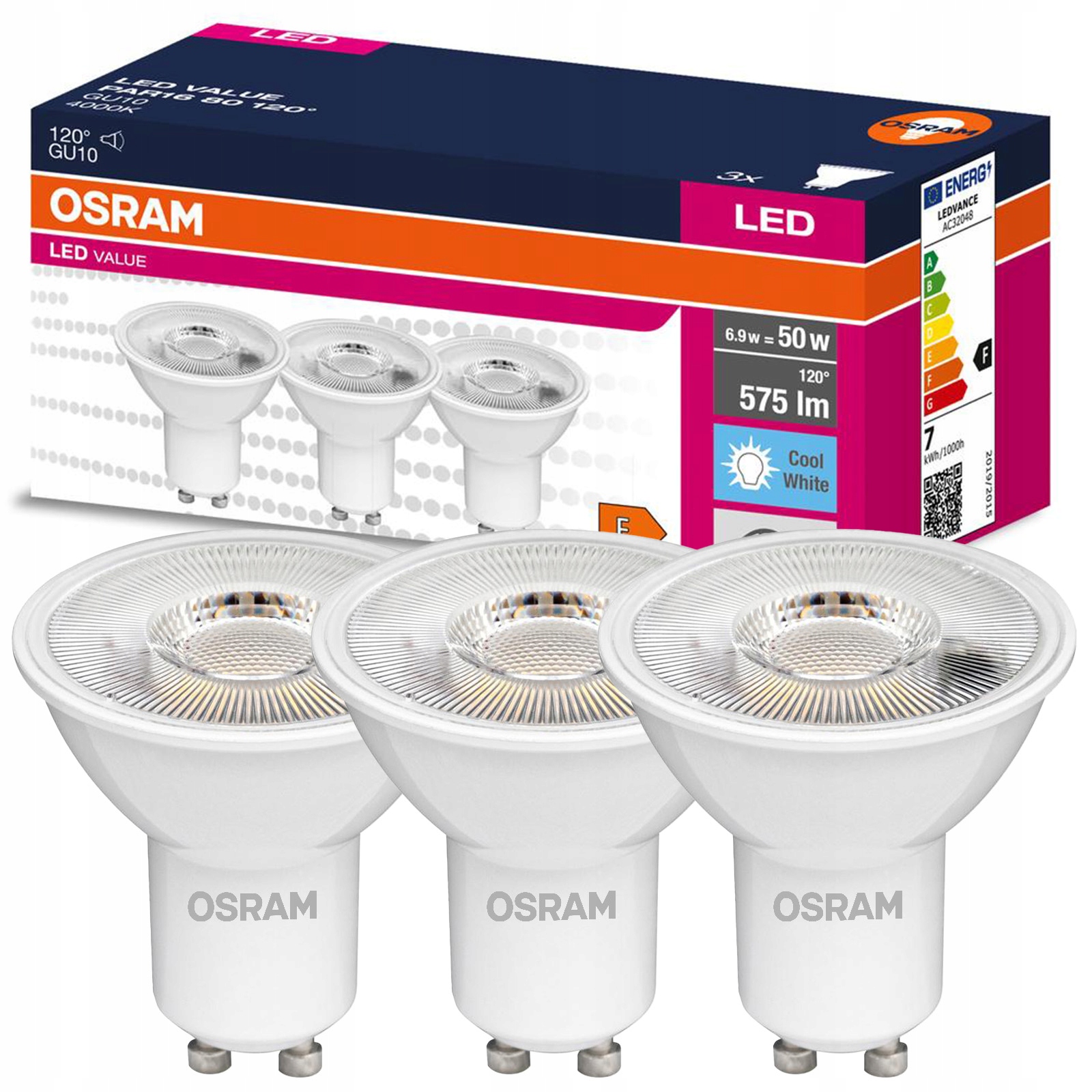 3x светодиодная лампа GU10 6,9 ВТ = 50 Вт 575lm 4000K нейтральная 120 ° OSRAM VALUE
