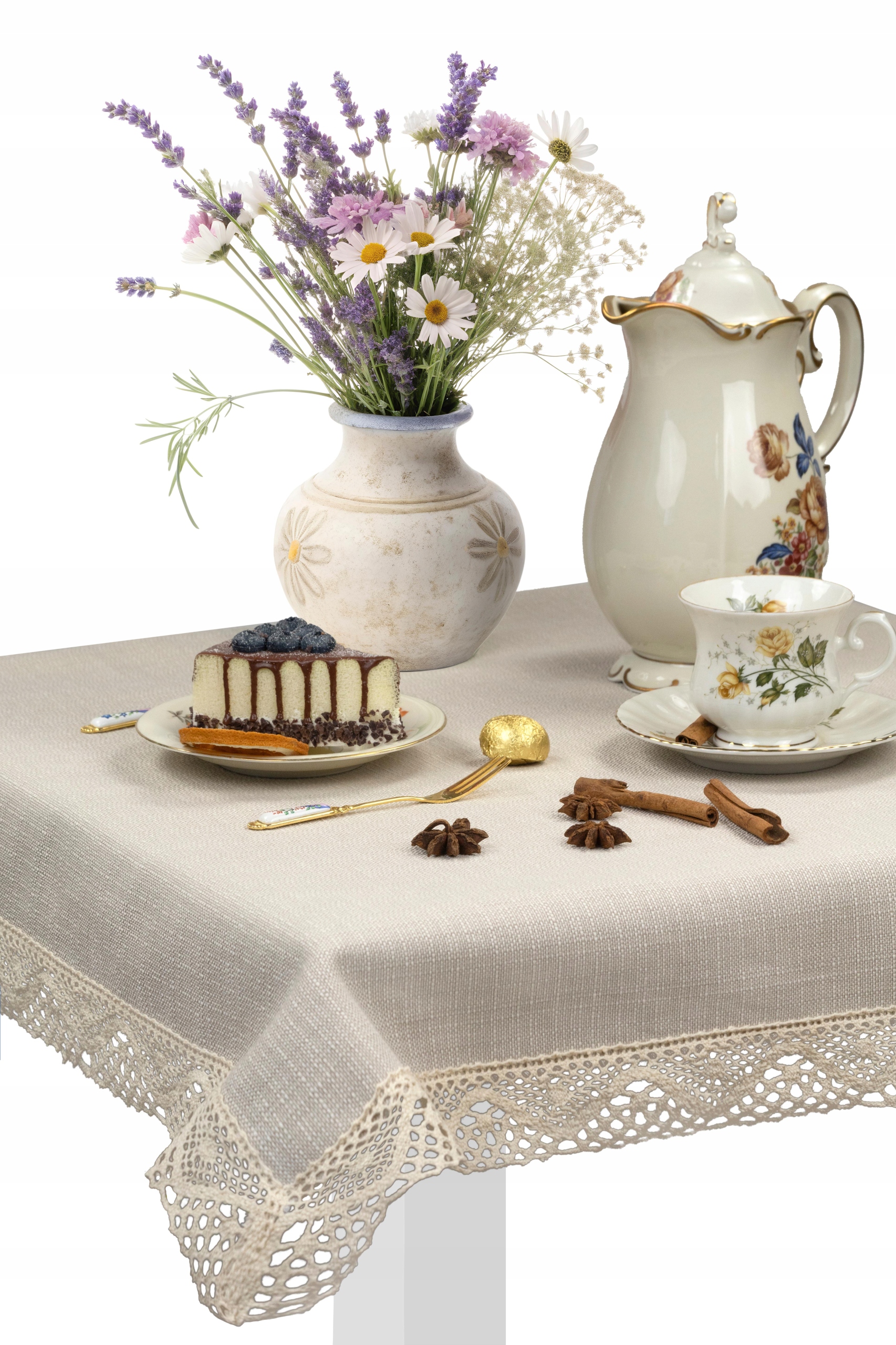 Nowoczesny beżowy naturalny nastrojowy obrus plamoodporny z koronką 90X90