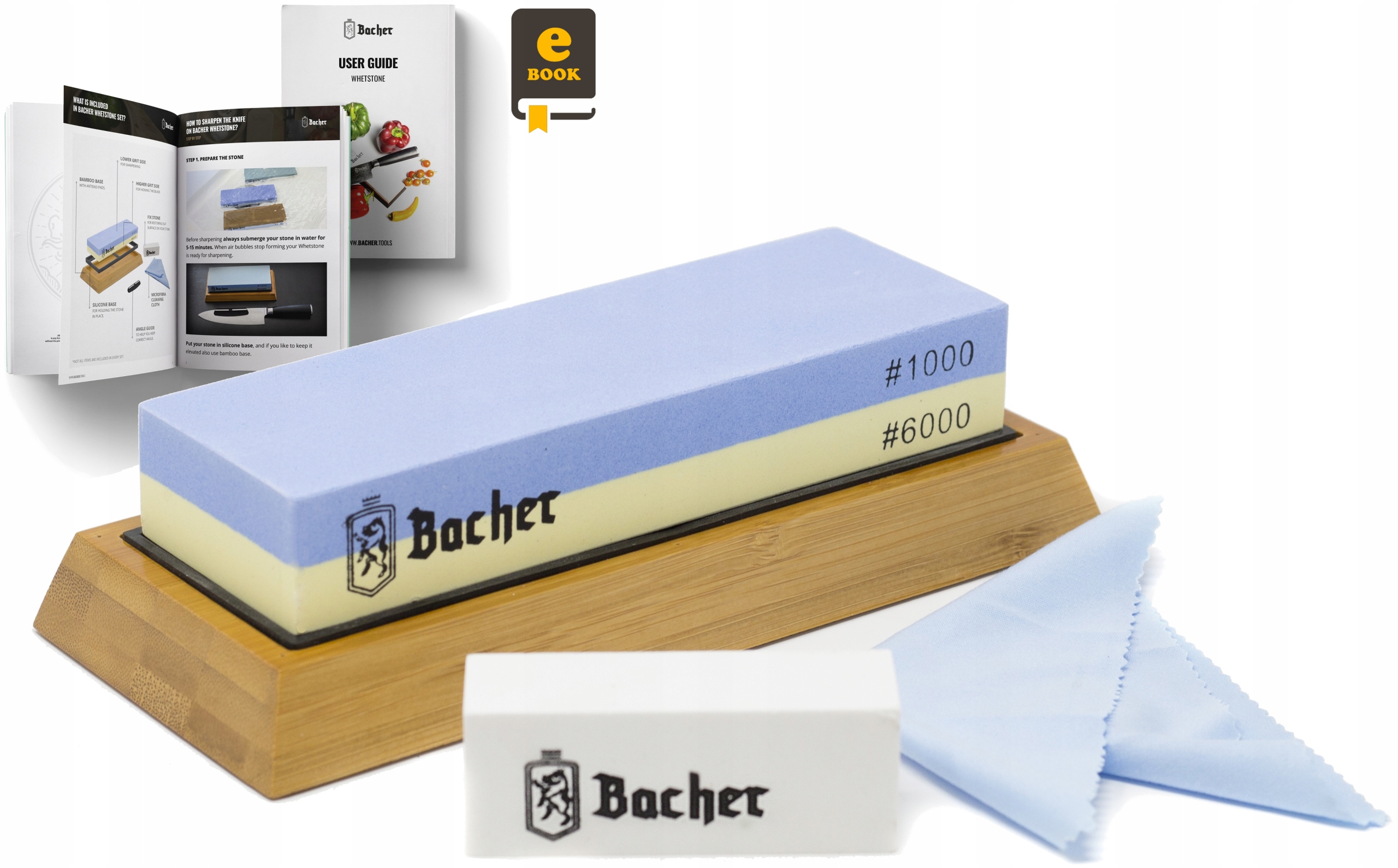 Kamień wodny do ostrzenia noży Bacher 1000/6000 ostrzałka kamienna e-book