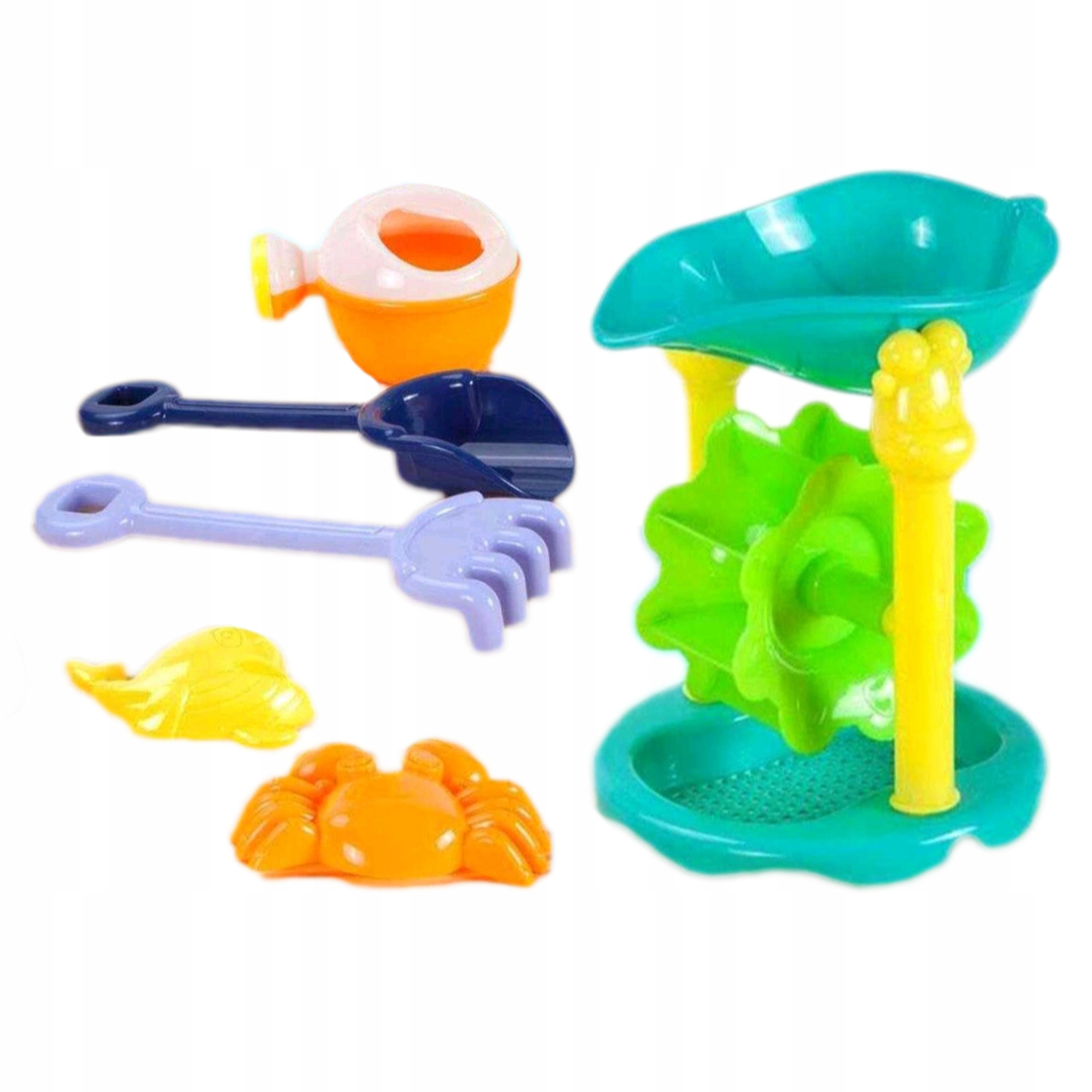 ZESTAW DO PIASKU PIASKOWNICY MŁYNEK DLA DZIECI MŁYN ŁOPATKA GRABKI FOREMKI