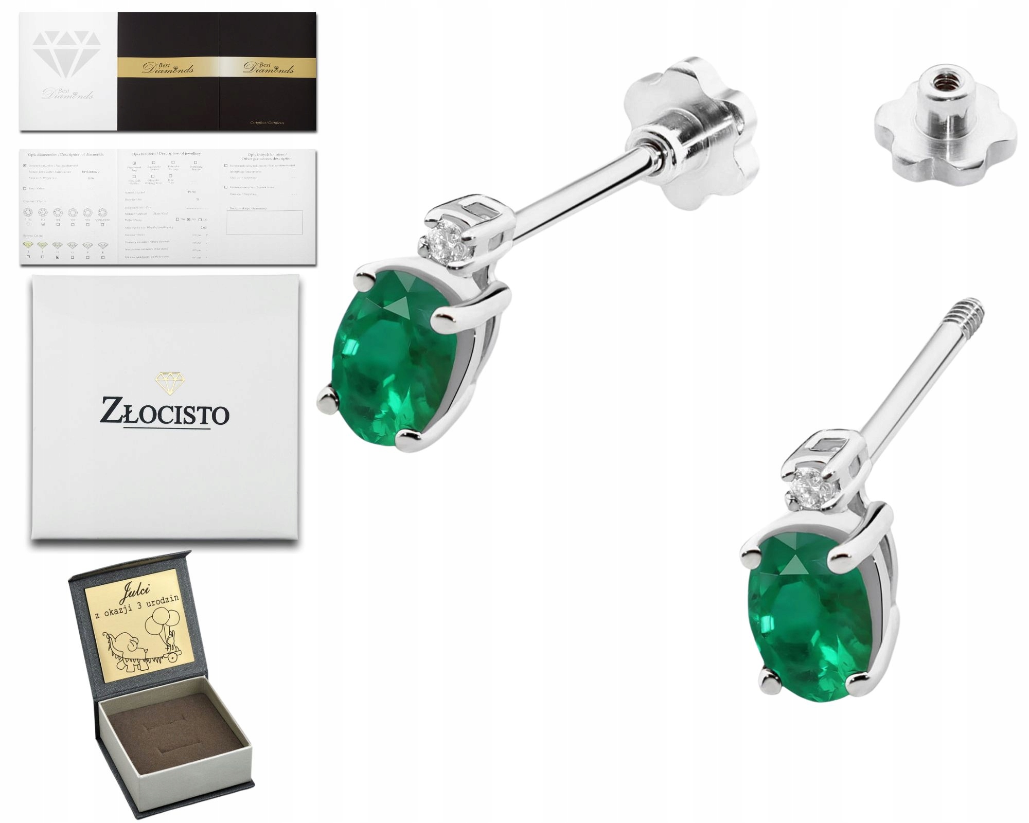 Bílé Zlato Náušnice Přírodní Kámen Smaragd A Šroubovací Briliant