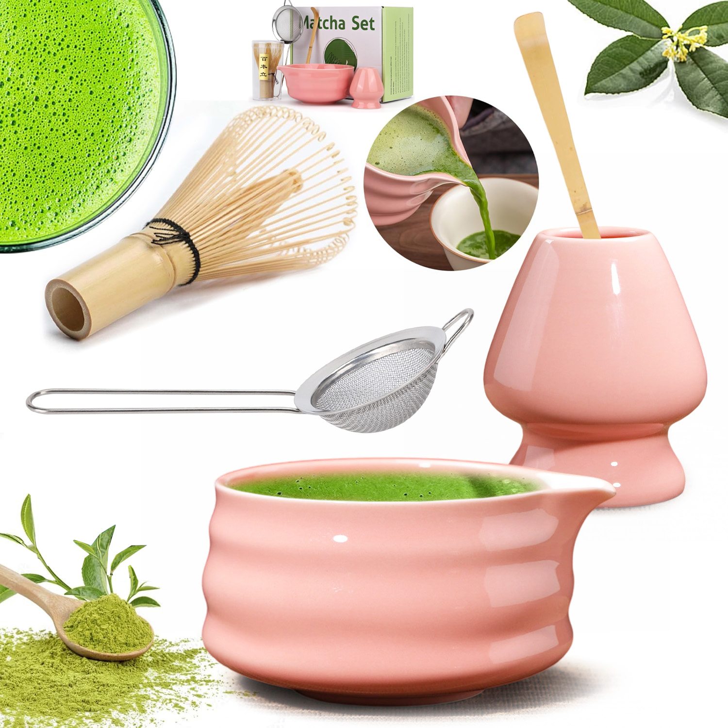 Levně Dárková Sada Na Čaj Matcha Šálek Metlička Podstavec Lžička