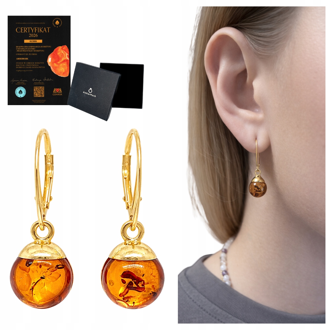 Stříbrné náušnice s visícím stříbro, pozlacené s baltským jantarem, anglické