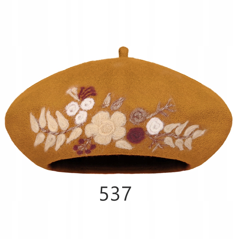 Vyšívaný baret malovaný hořčicovou medovou barvou, zdobený vlněnou anténou