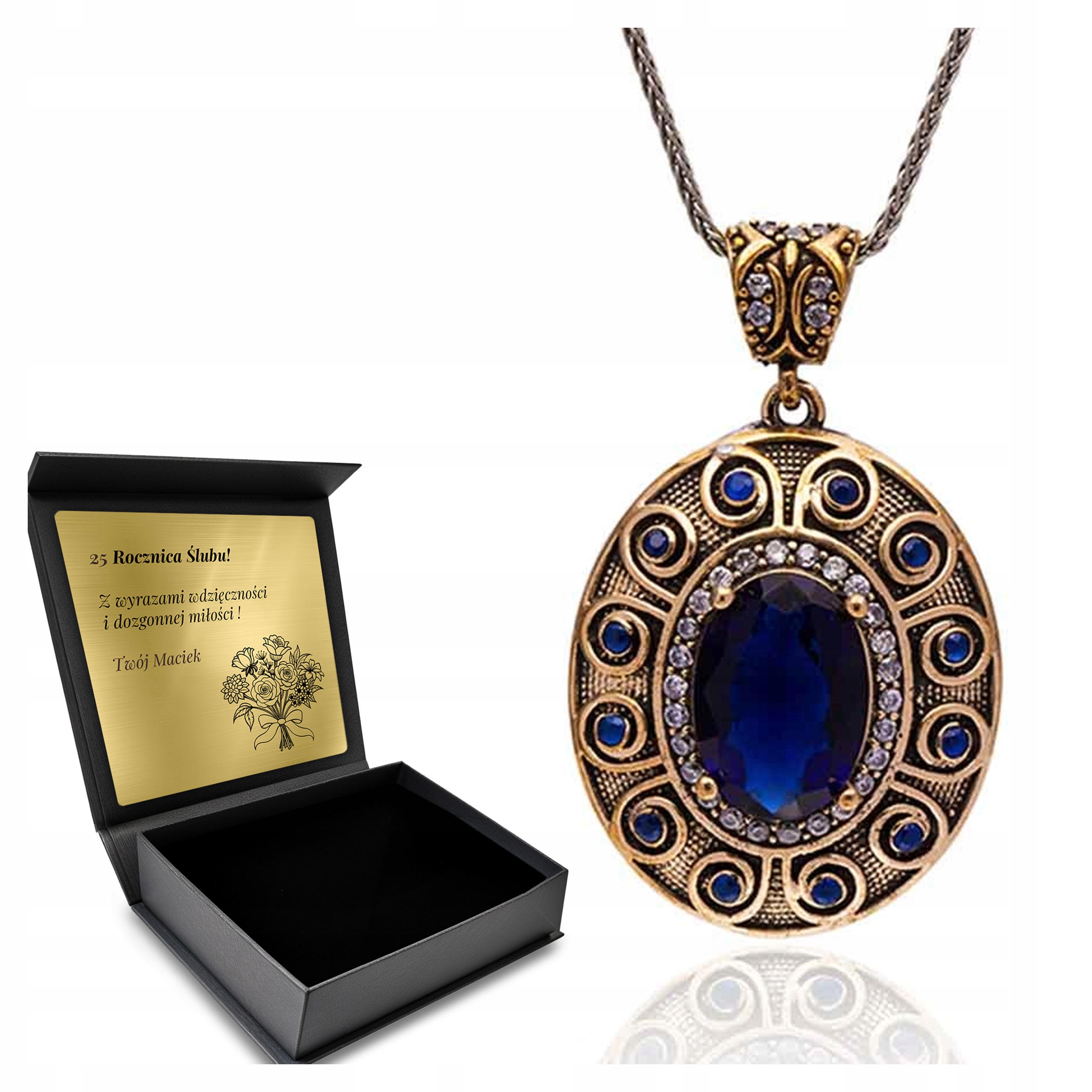 Stříbrný Náhrdelník 925 Zirkony Safír Dárek pro ženy Gravírování Bonus