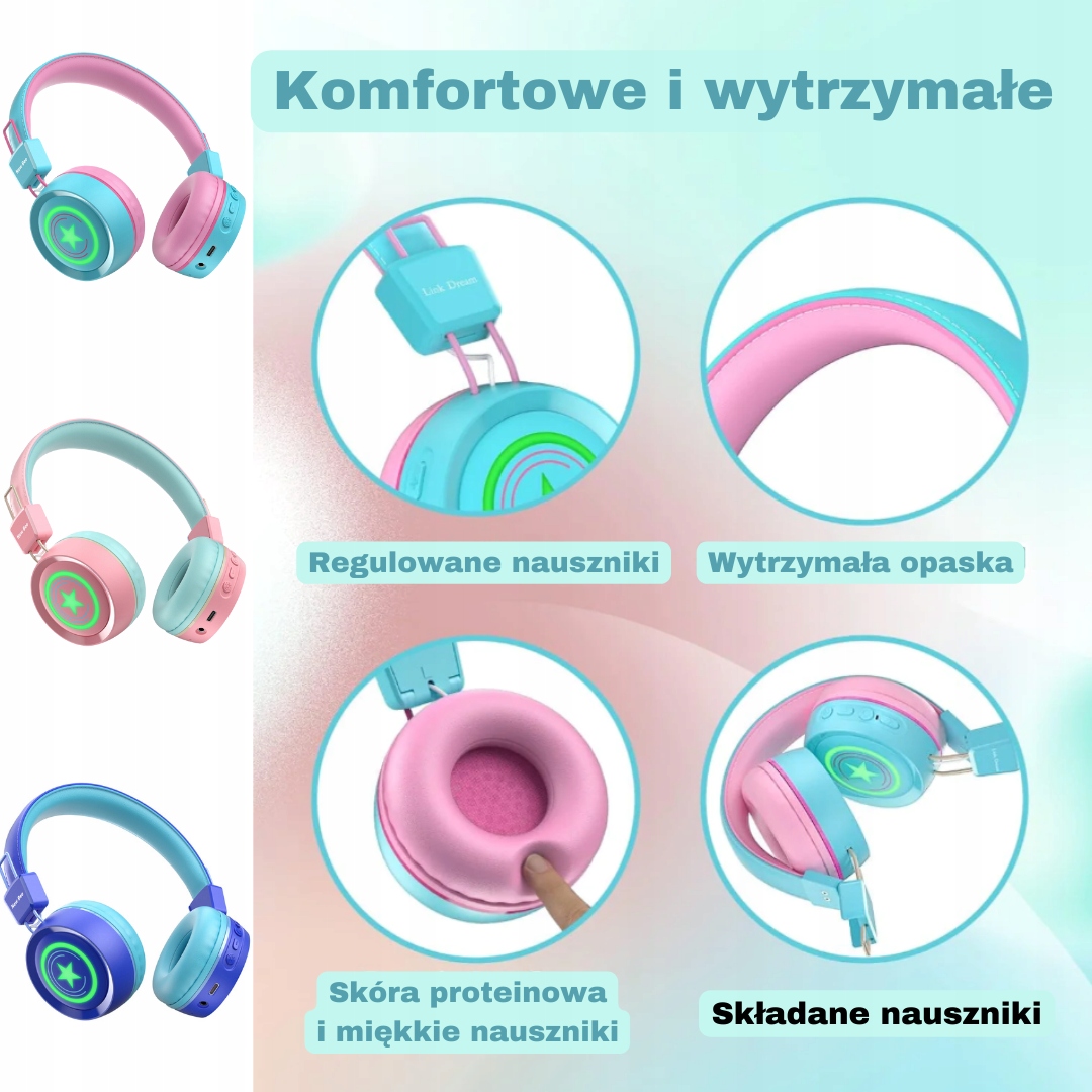 SŁUCHAWKI BEZPRZEWODOWE DLA DZIECI DZIEWCZYNKI RÓŻOWE BLUETOOTH 5.0 LED NB Mikrofon tak