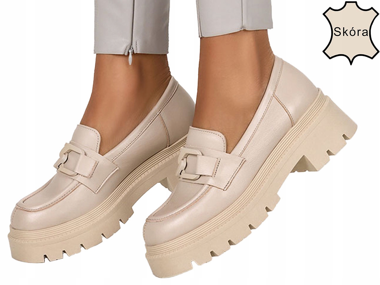 MOKASYNY DAMSKIE SKÓRZANE Z ŁAŃCUCHEM PLATFORMA 39