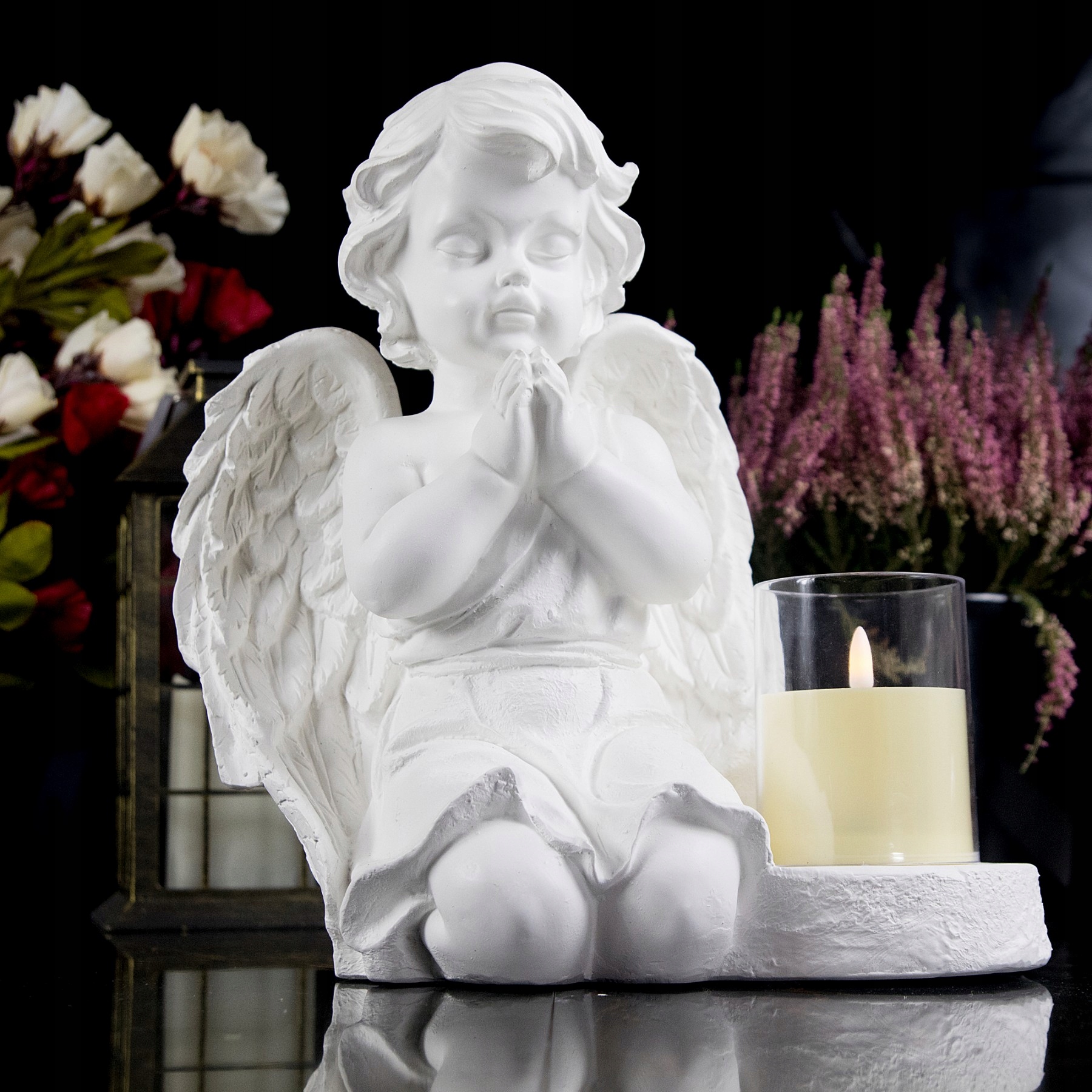 DUŻY ZNICZ + ŚWIECA GIPSOWA FIGURKA NAGROBNA LAMPA LED 3XAAA Marka Decortrend