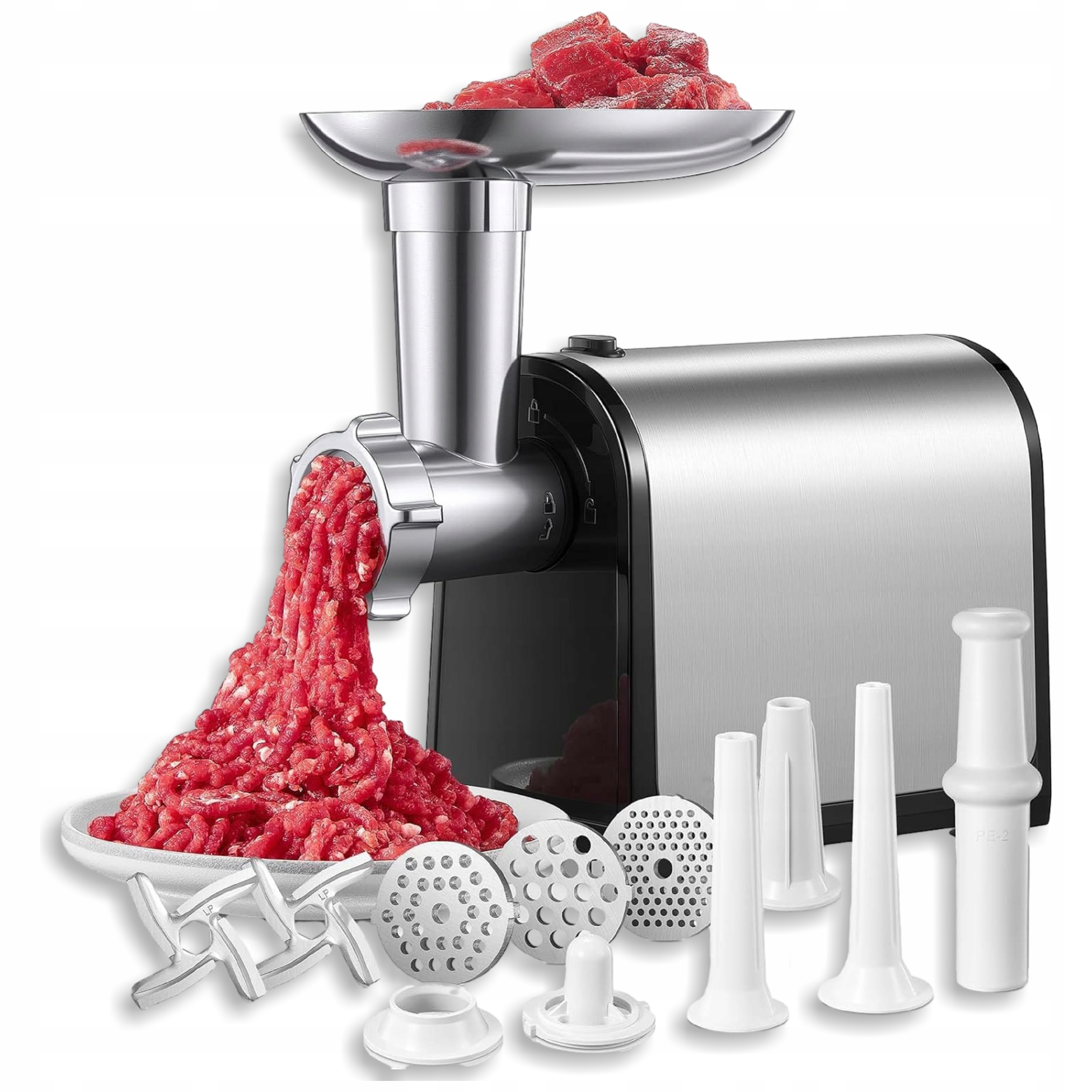 Elektrický mlýnek na maso 3v1 500W 2000W max nerezová ocel kotouče